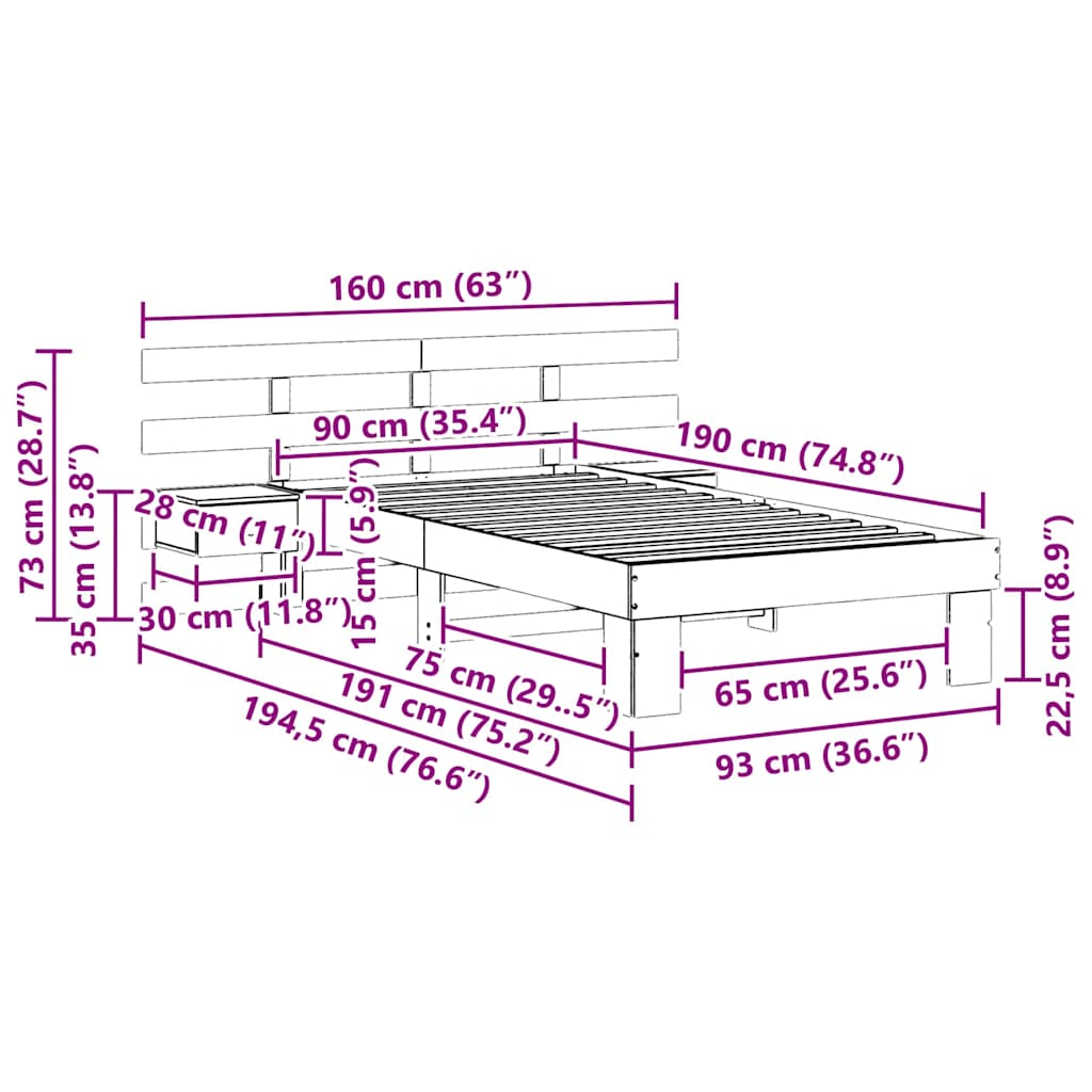 Bettrahmen Wachsbraun 90 x 190 cm Massives Kiefernholz