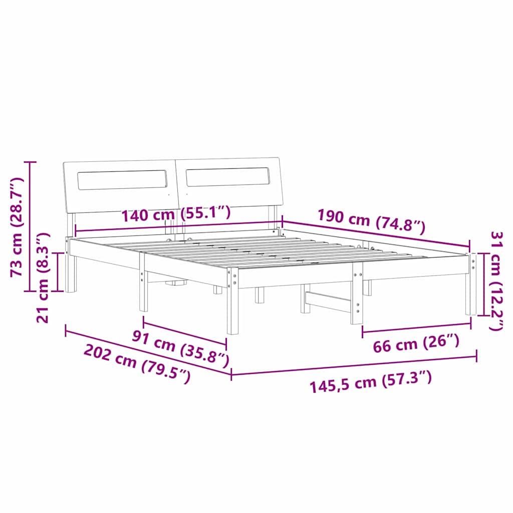 Bettrahmen mit Kopfteil Braun 140 x 190 cm Massives Kiefernholz