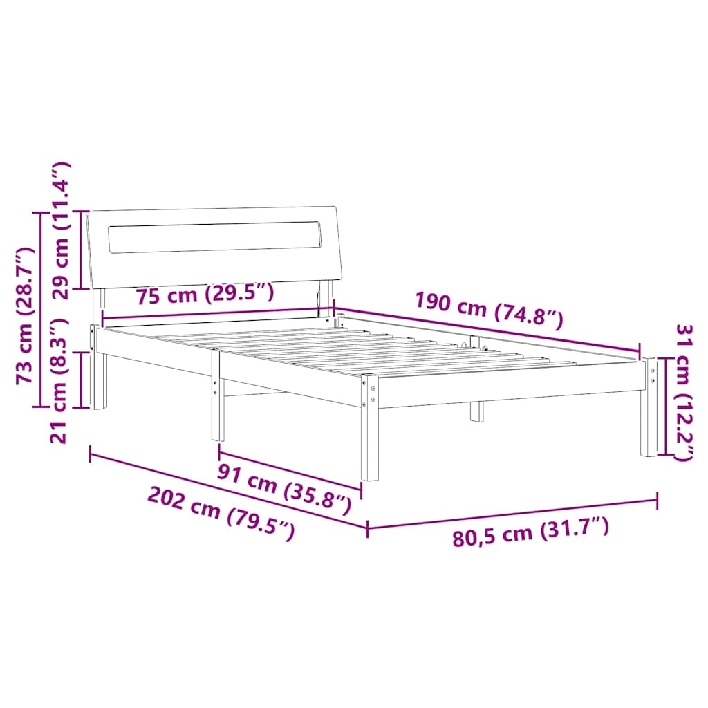 Bettrahmen mit Kopfteil Braun 75 x 190 cm Massives Kiefernholz