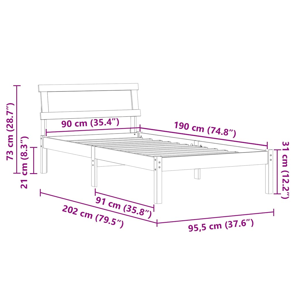 Bettrahmen Wachsbraun 90 x 190 cm Massives Kiefernholz
