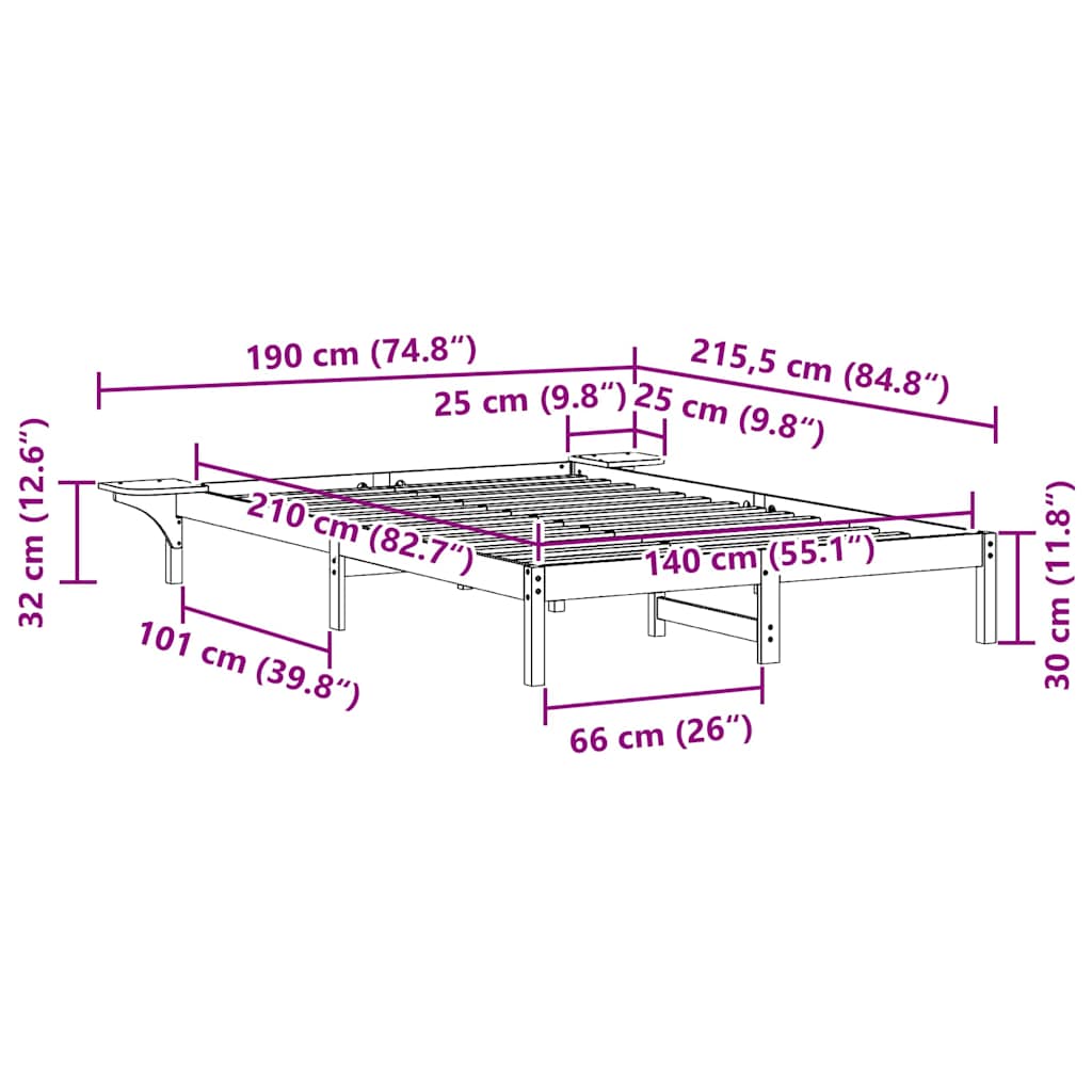 Bettgestell mit Nachttischen Wachsbraun 140 x 210 cm