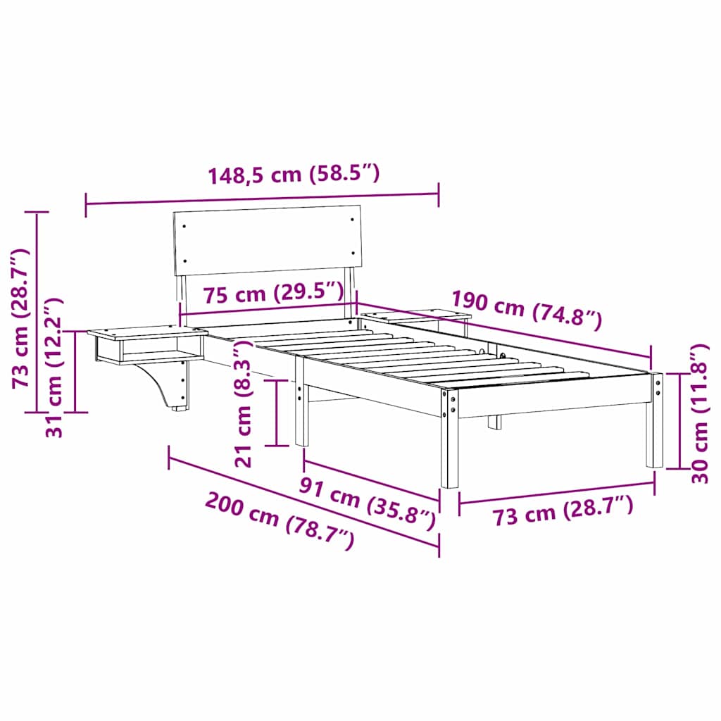 Bettrahmen Wachsbraun 75 x 190 cm Massives Kiefernholz