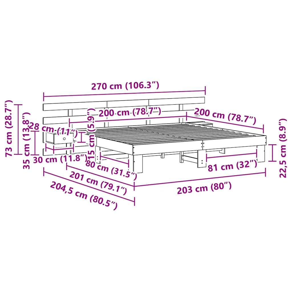 Bettrahmen mit Kopfteil Braun 200 x 200 cm Massives Kiefernholz