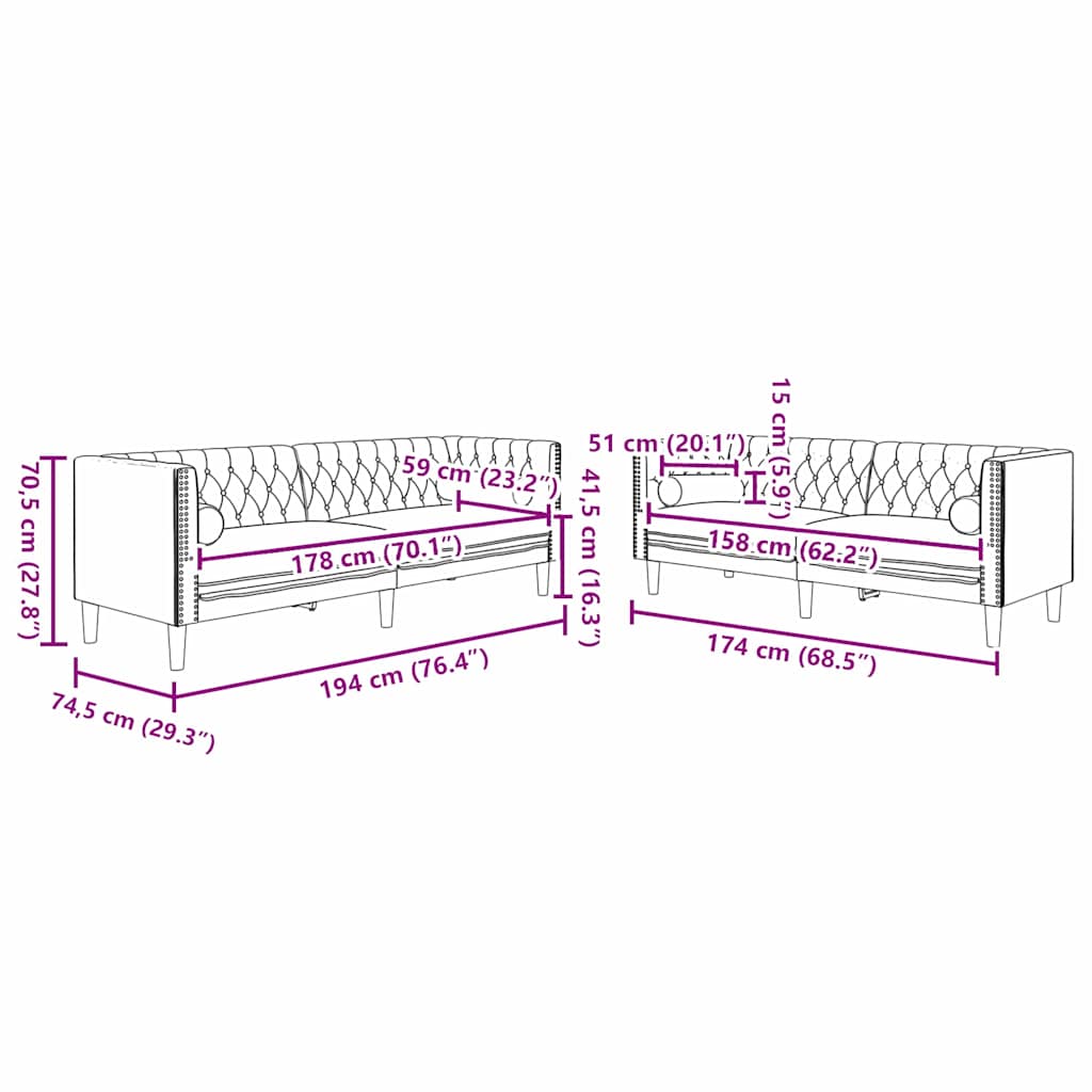 Wohnzimmer Couch 2 pcs Hellgrau 194 x 74,5 x 70,5 cm Samt