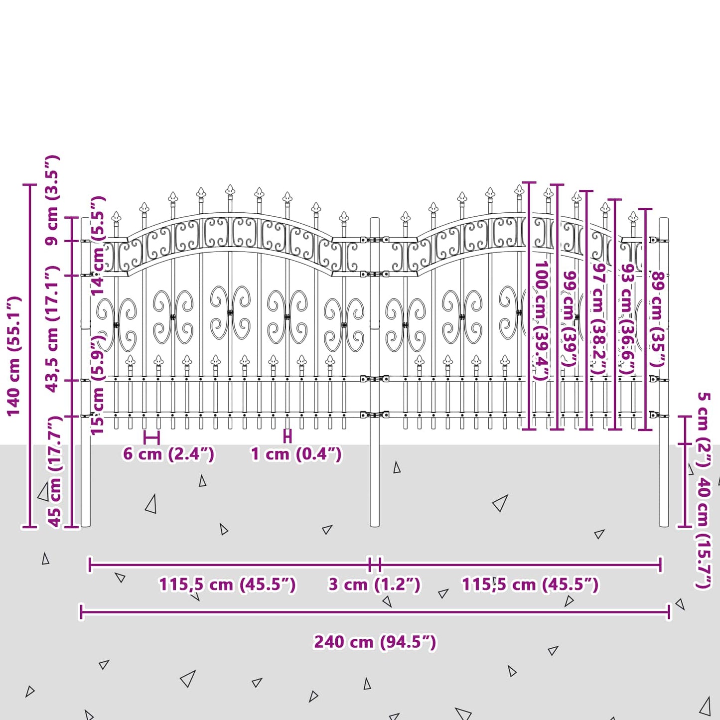 Gartenzaun Grau 240 x 140 cm Pulverbeschichteter Stahl