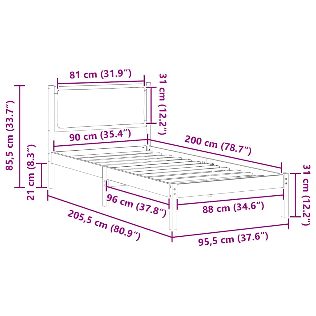 Bettrahmen Schwarz 90 x 200 cm Massives Kiefernholz