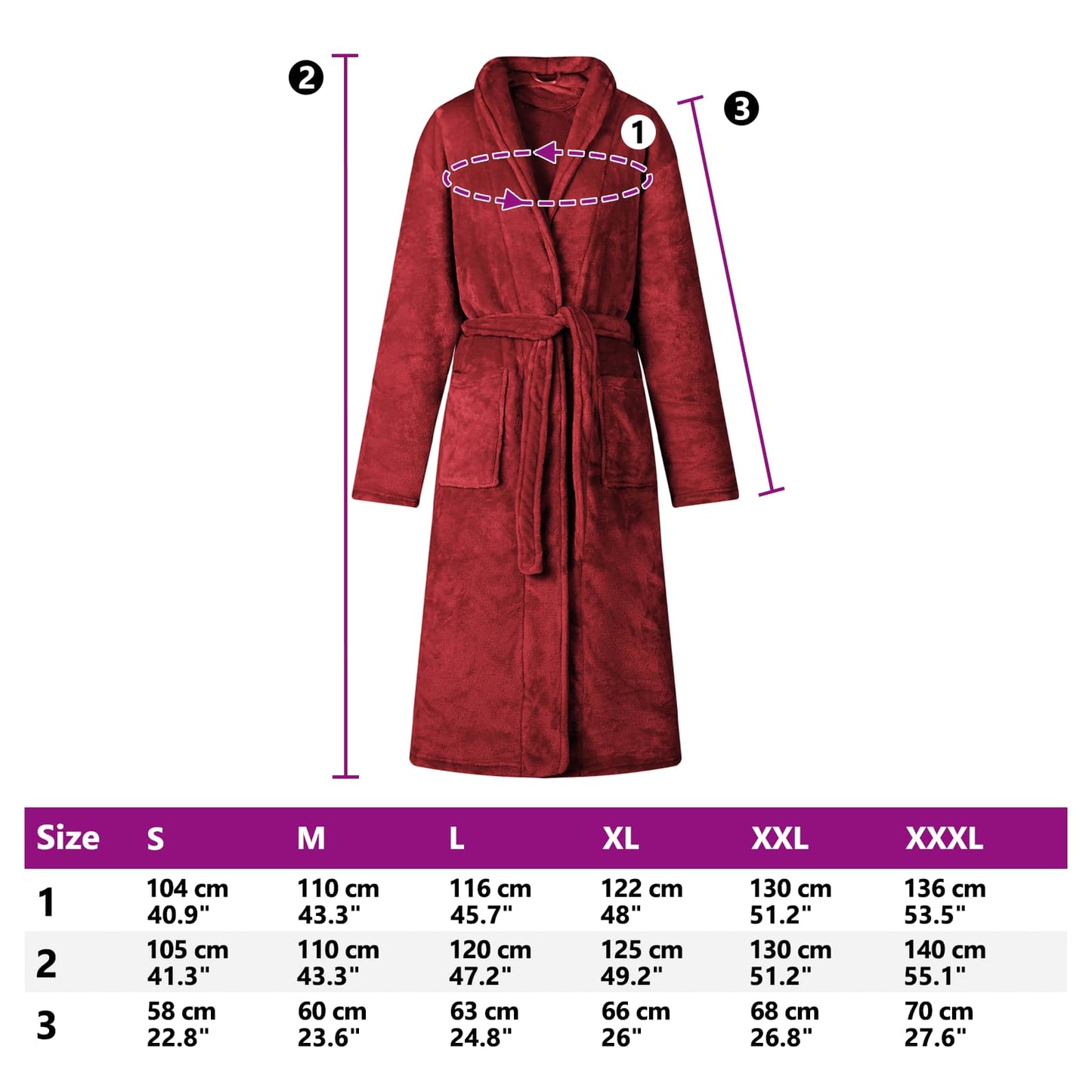 Bademantel ohne Kapuze Bordeauxrot M Flanell