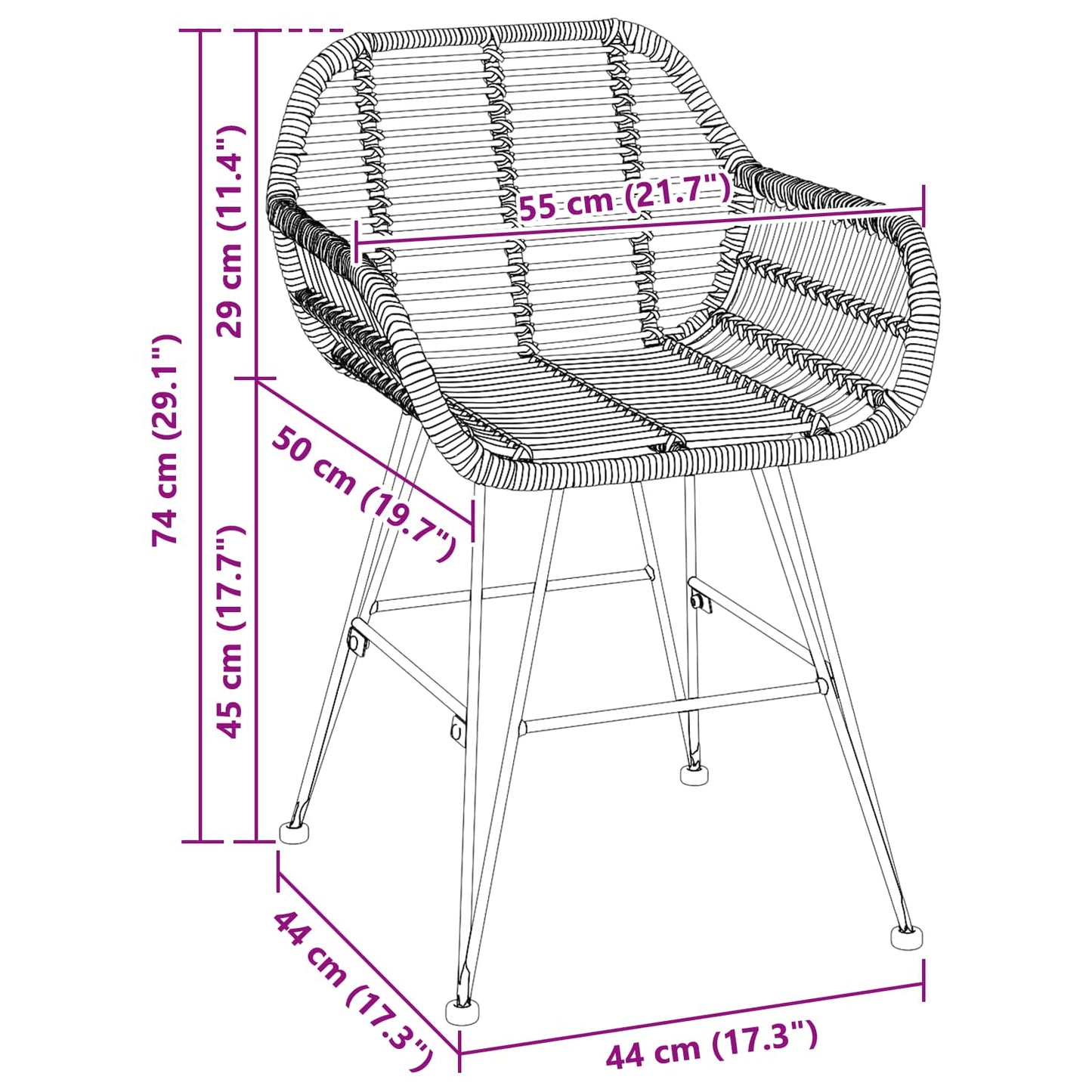 Esszimmerstuhl 2 pcs Schwarz 55 x 50 x 74 cm Rattan und Eisen