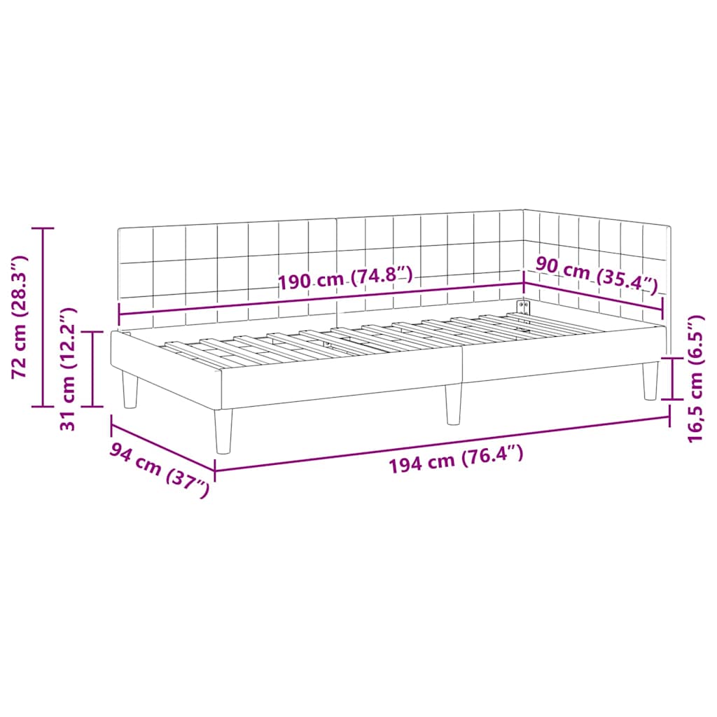 Eckbettgestell mit Kopfteil Weinrot 90 cm x 190 cm Samt