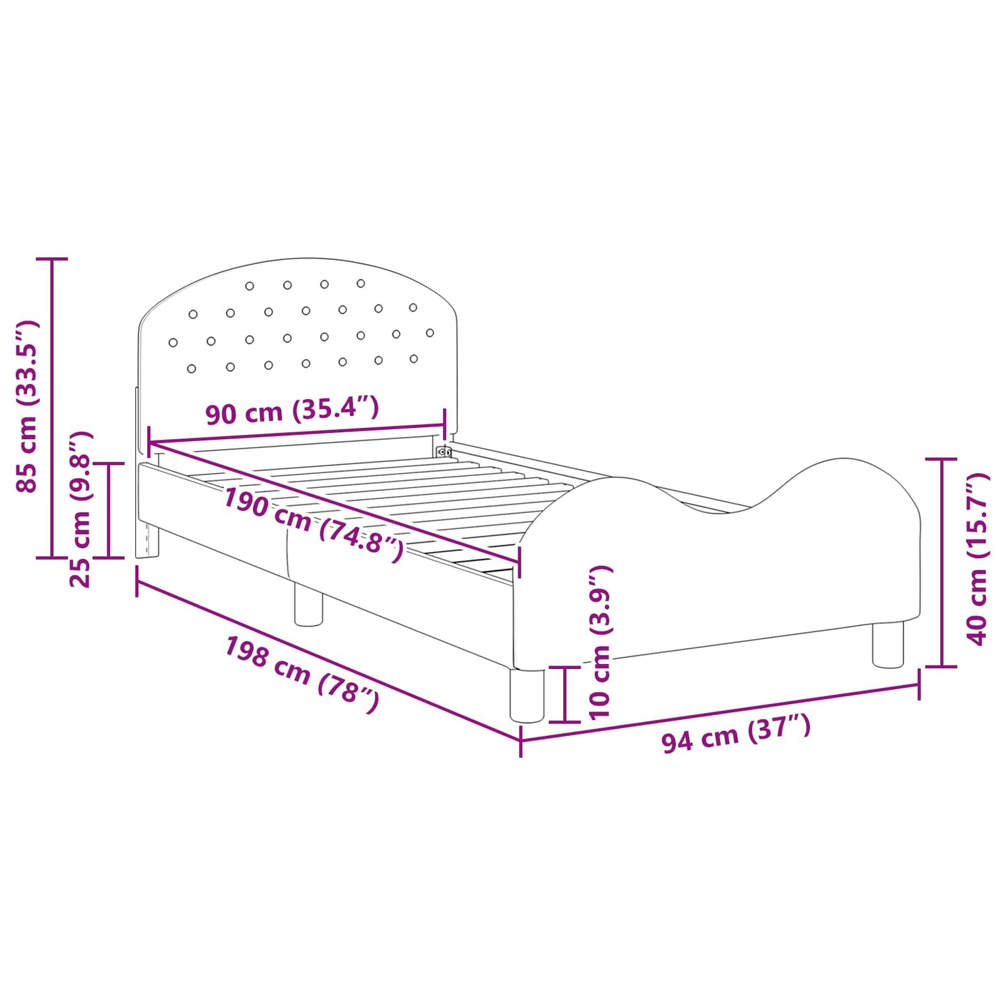 Kinderbettgestell mit Kopfteil Lila 90 x 190 cm Samt