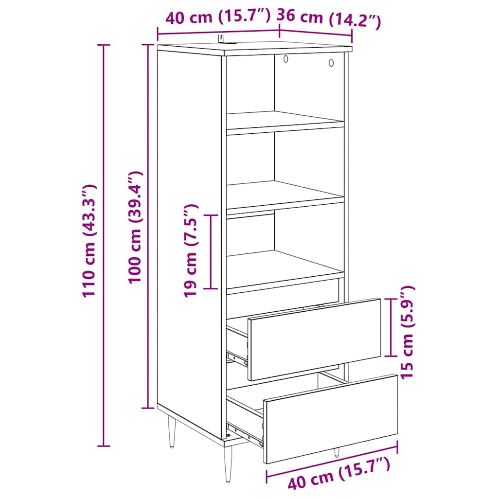 Highboard Schwarz Eichen-Optik 40 x 36 x 110 cm Holzwerkstoff