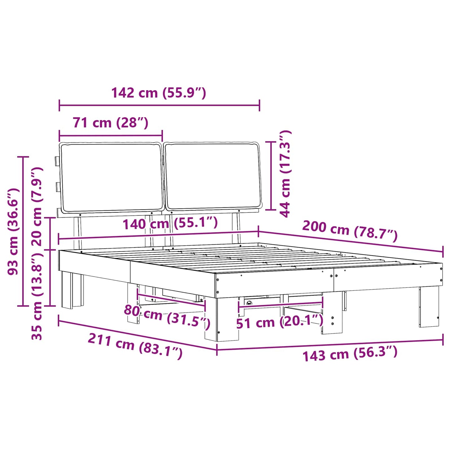 Bettgestell mit gepolstertem Kopfteil Schwarz 140 x 200 cm