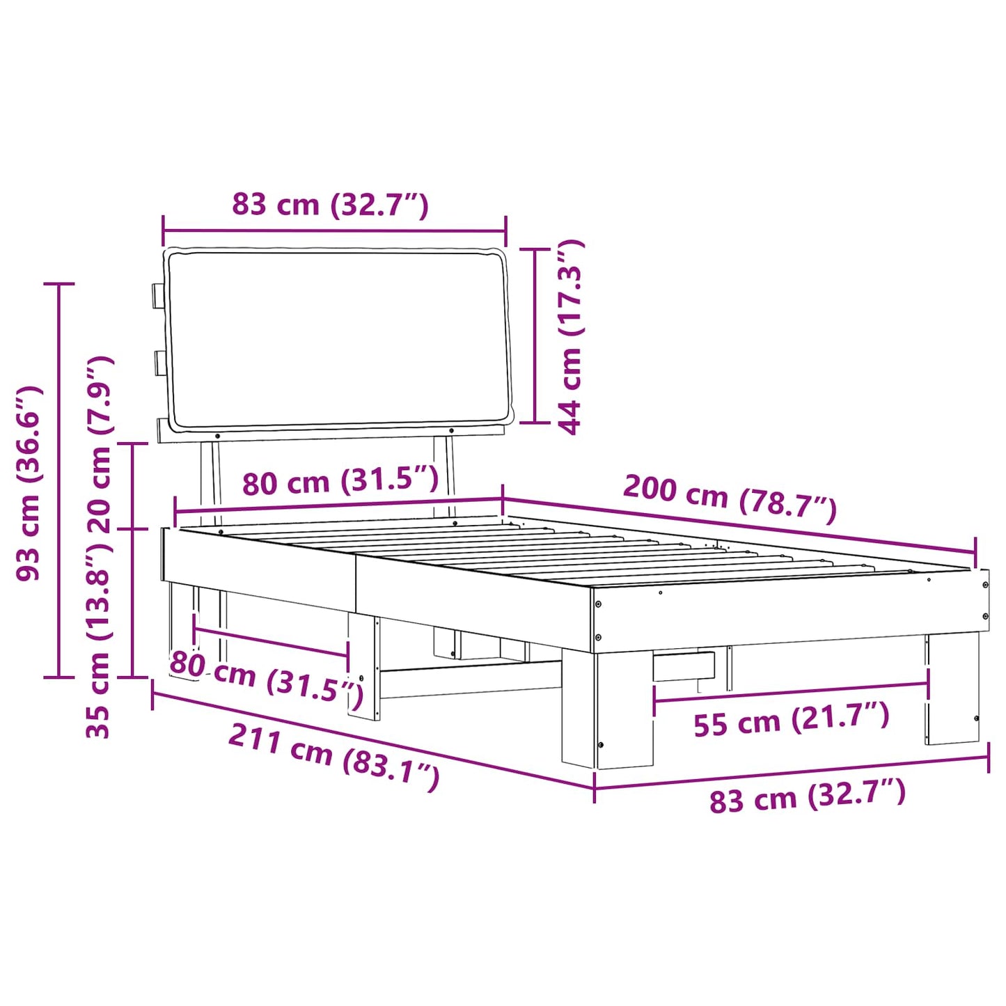 Bettgestell mit gepolstertem Kopfteil Dunkelgrau 80 x 200 cm