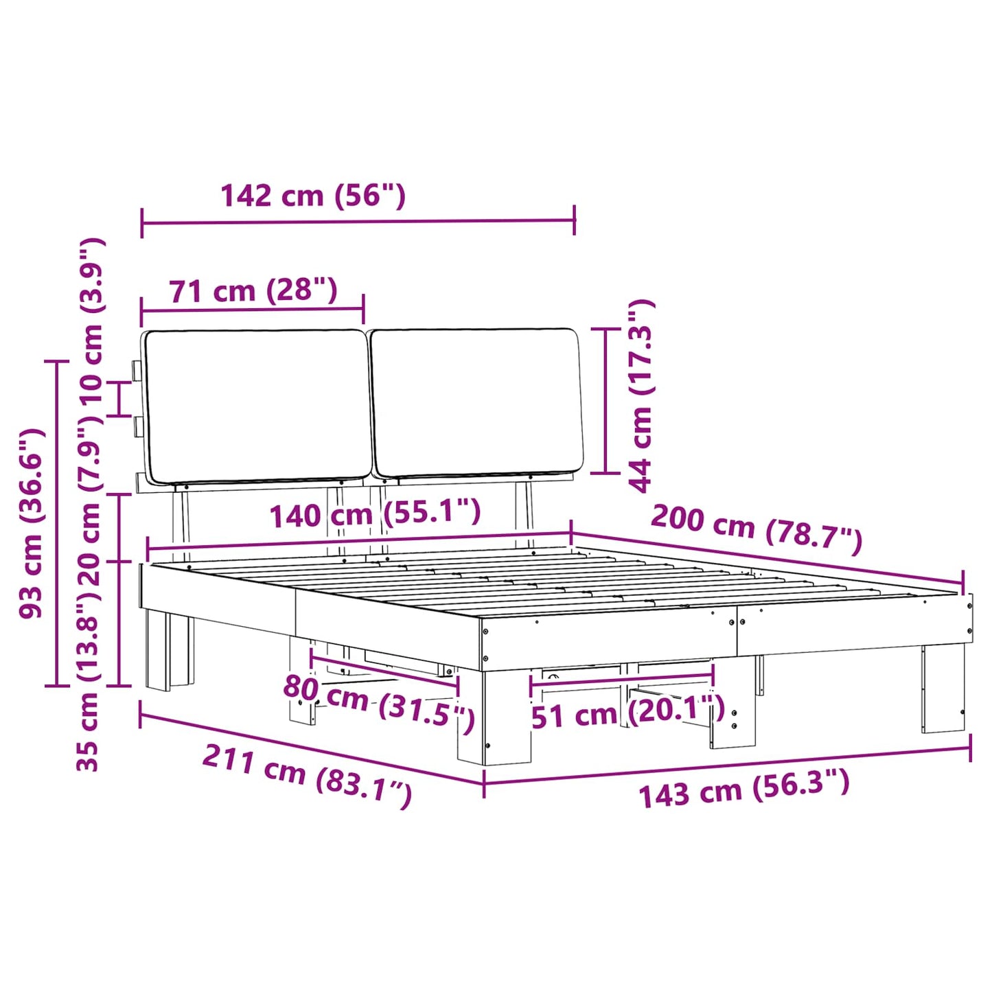 Bettgestell mit gepolstertem Kopfteil Schwarz 140 x 200 cm