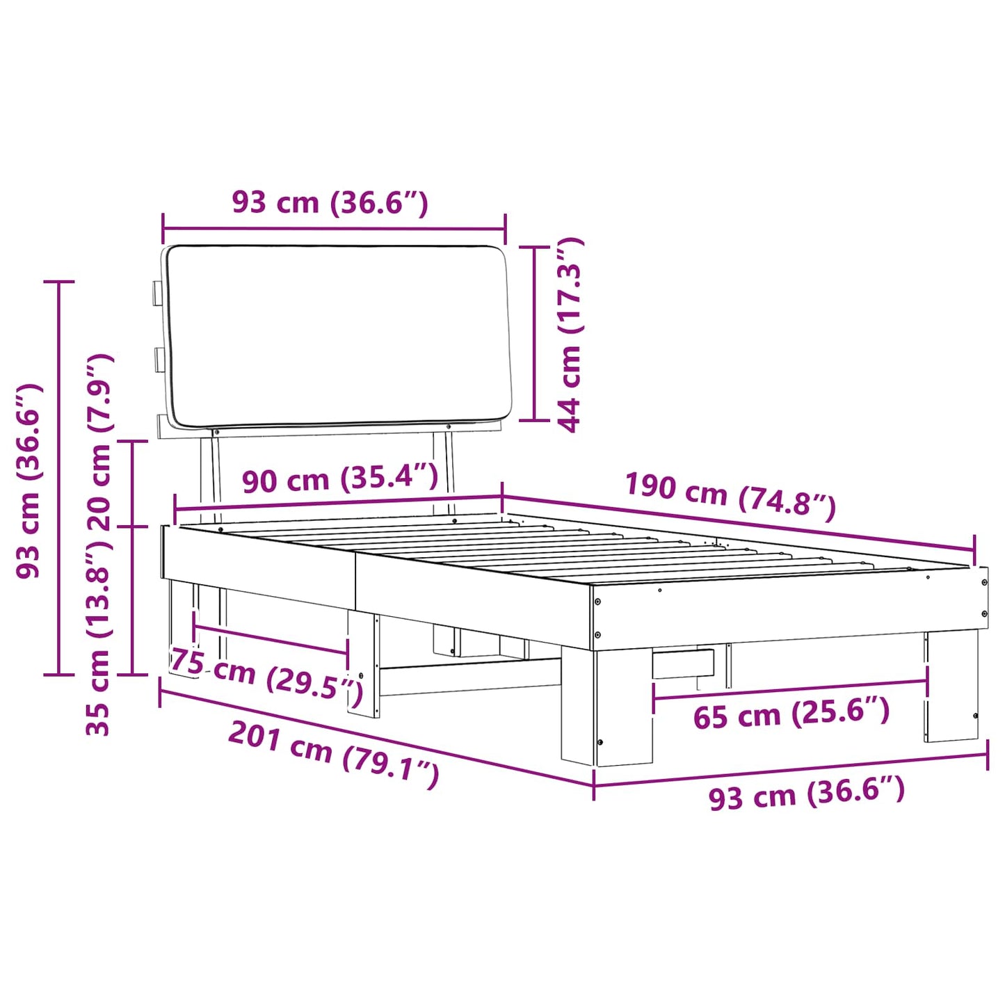 Bettgestell mit gepolstertem Kopfteil Dunkelgrau 90 x 190 cm
