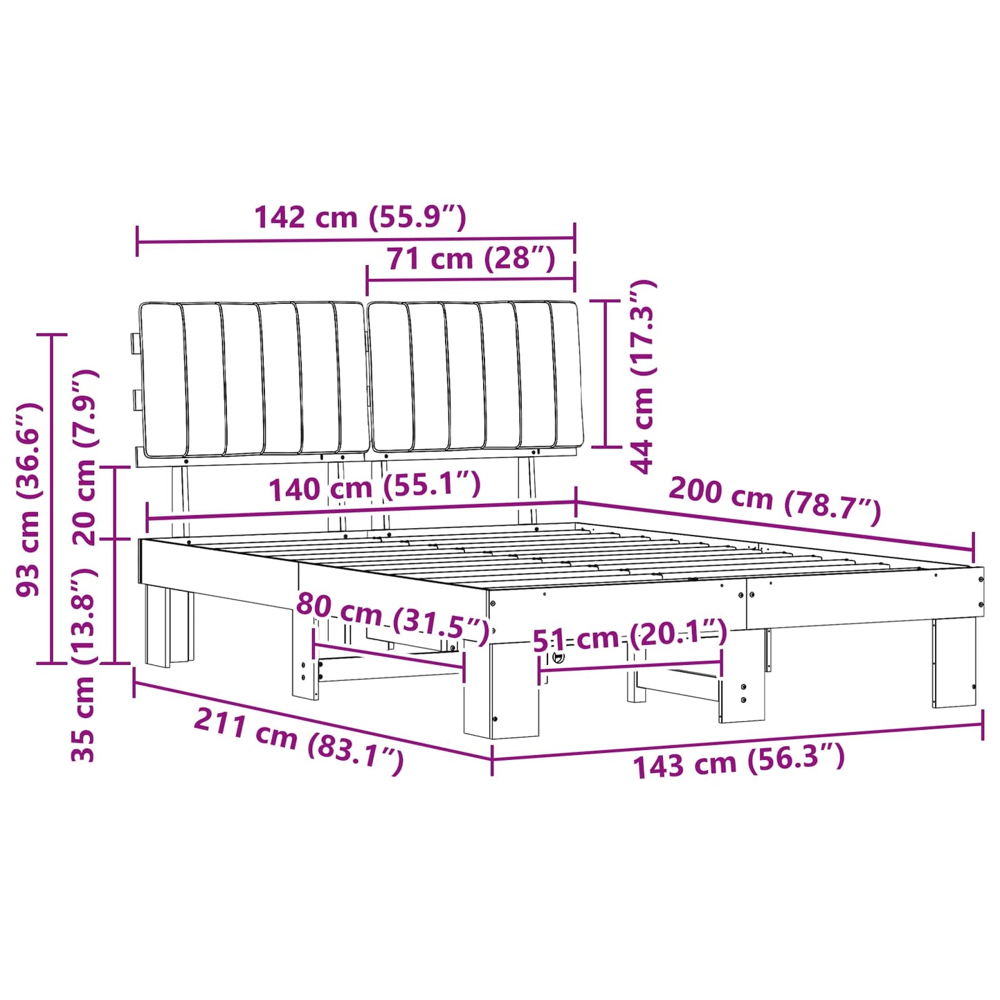 Bettgestell mit gepolstertem Kopfteil Schwarz 140 x 200 cm