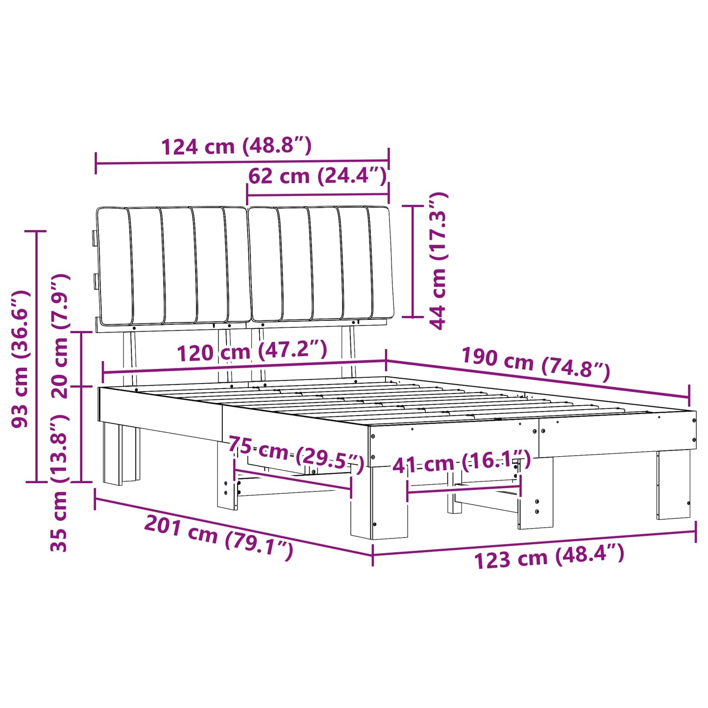 Bettgestell mit gepolstertem Kopfteil Dunkelgrau 120 x 190 cm