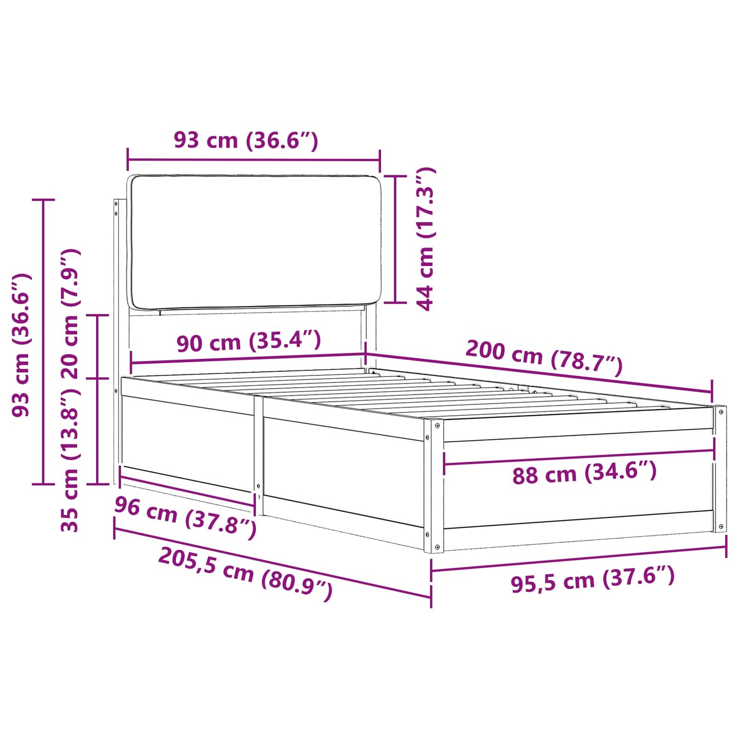 Bettgestell mit gepolstertem Kopfteil Schwarz 90 x 200 cm