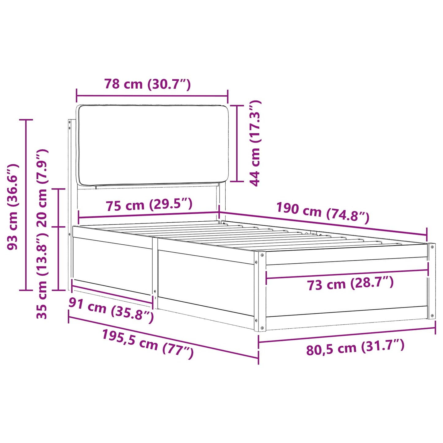 Bettgestell mit gepolstertem Kopfteil Schwarz 75 x 190 cm