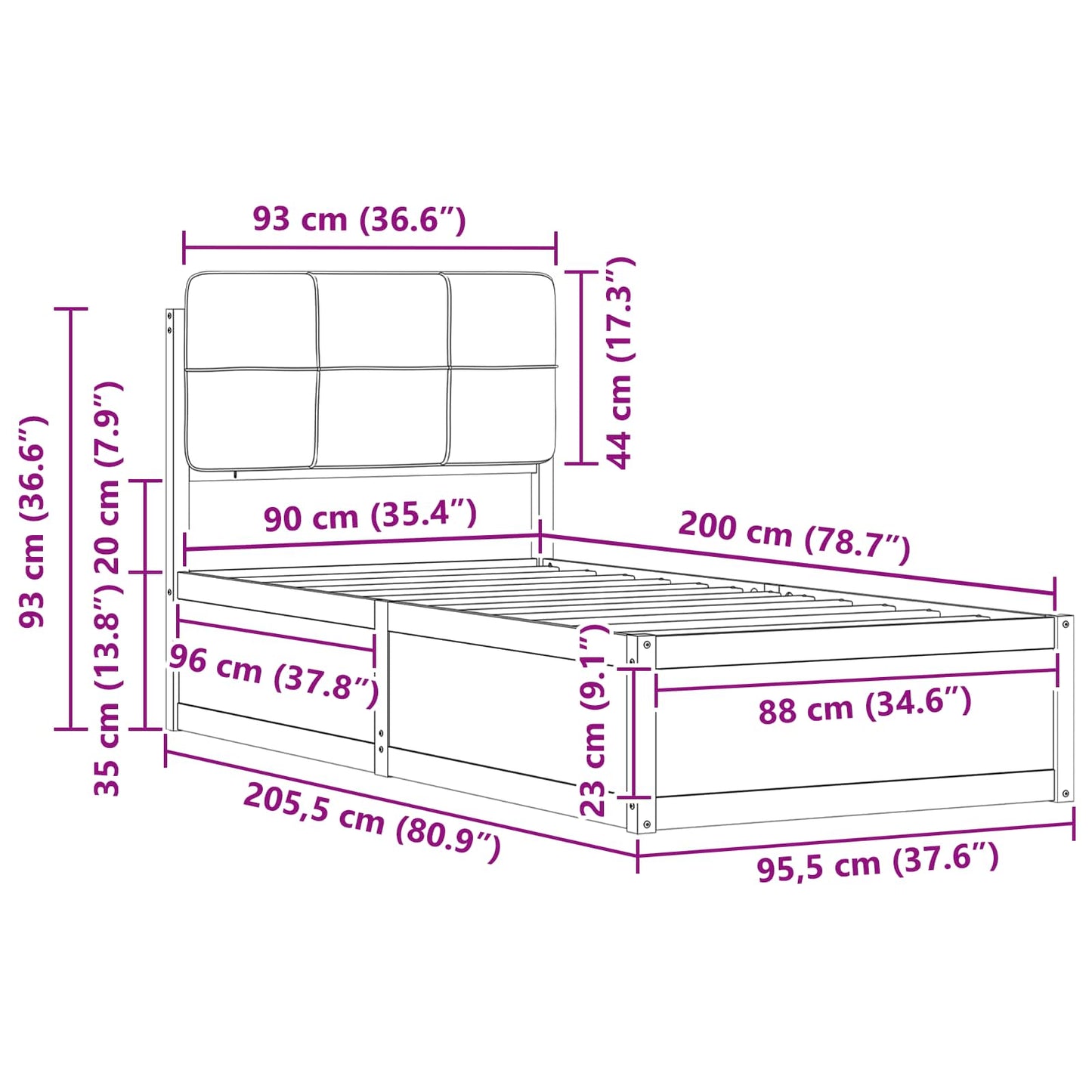 Bettgestell mit gepolstertem Kopfteil Dunkelgrau 90 x 200 cm