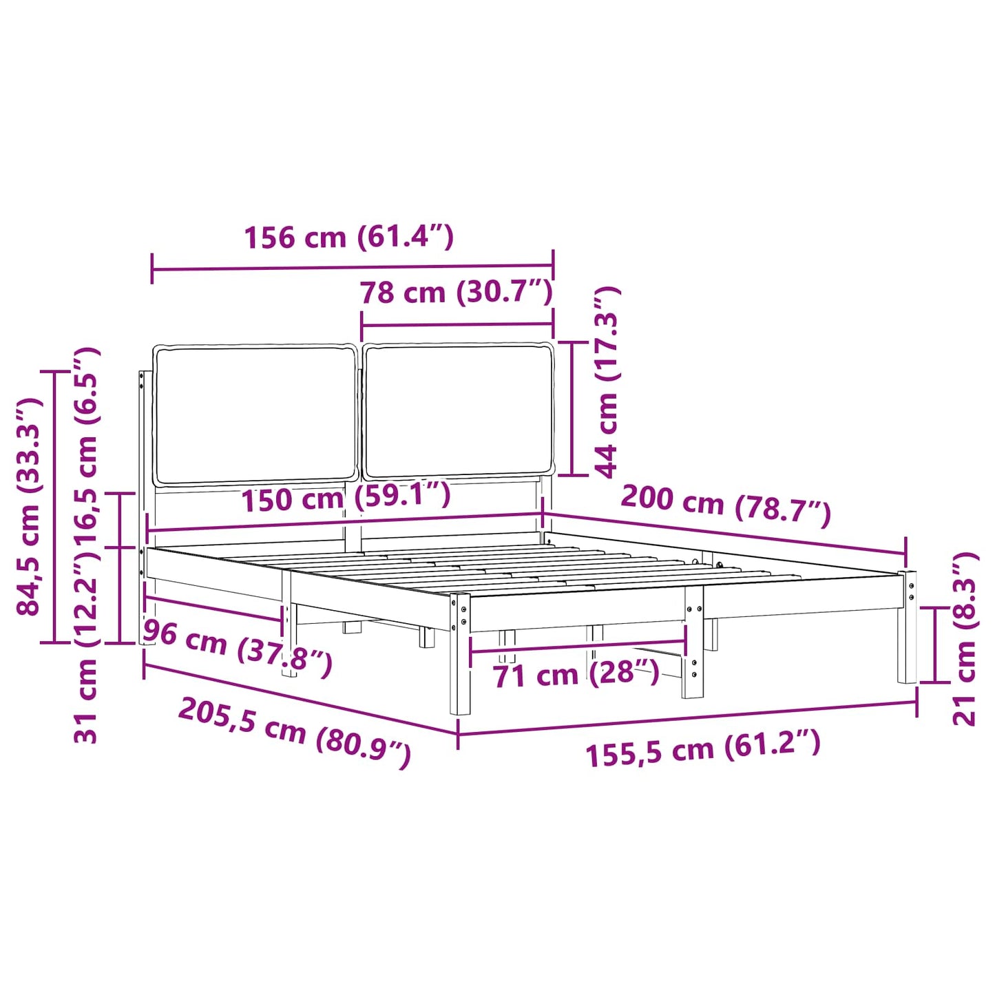 Bettgestell mit gepolstertem Kopfteil Dunkelgrau 150 x 200 cm