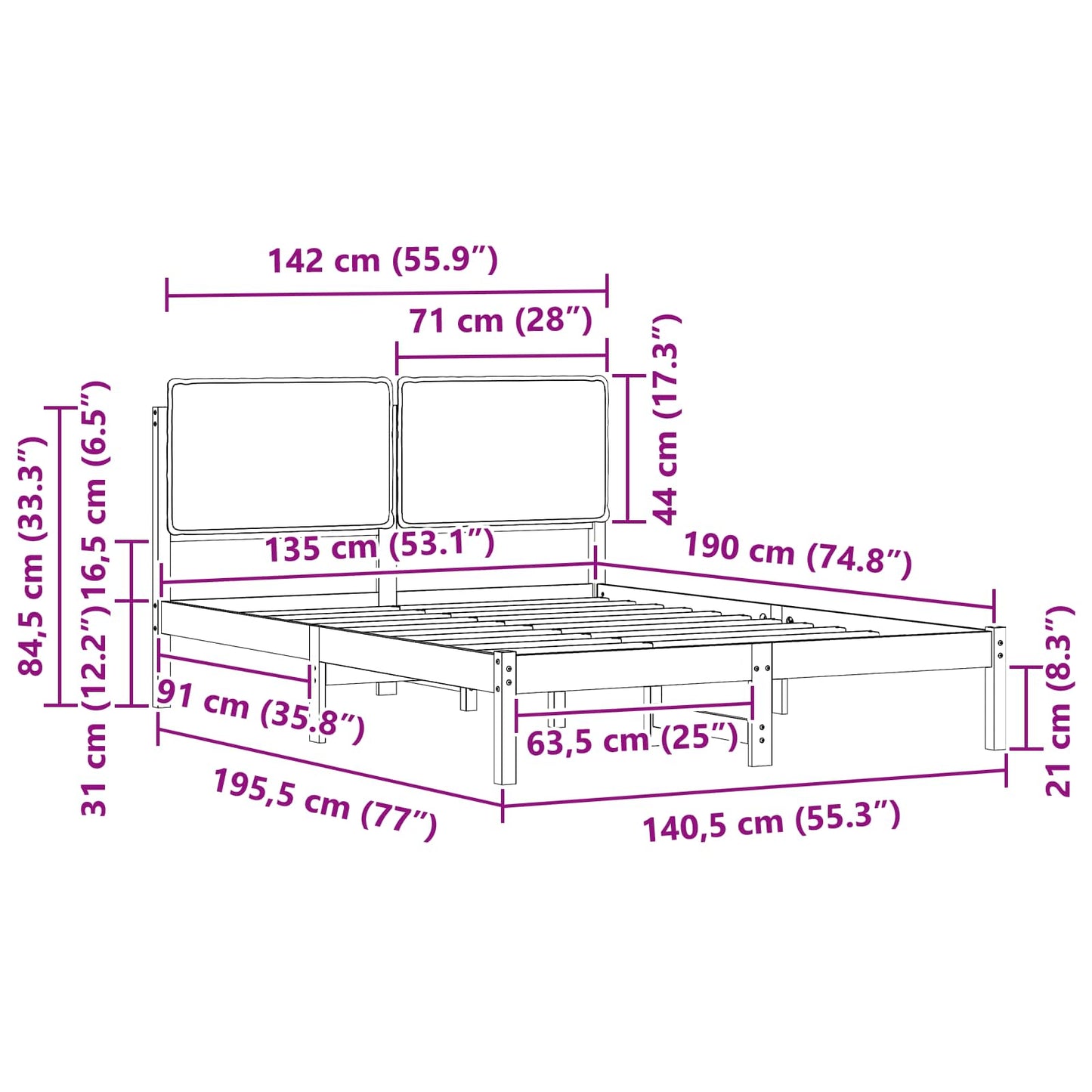 Bettgestell mit gepolstertem Kopfteil Dunkelgrau 135 x 190 cm