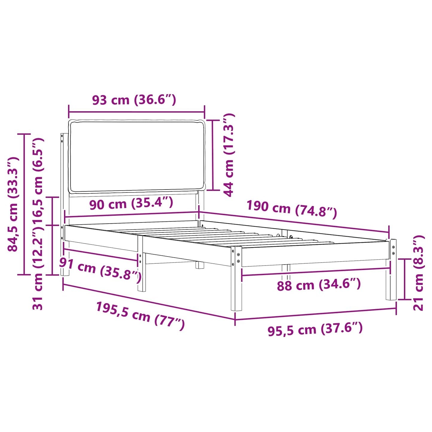 Bettgestell mit gepolstertem Kopfteil Schwarz 90 x 190 cm