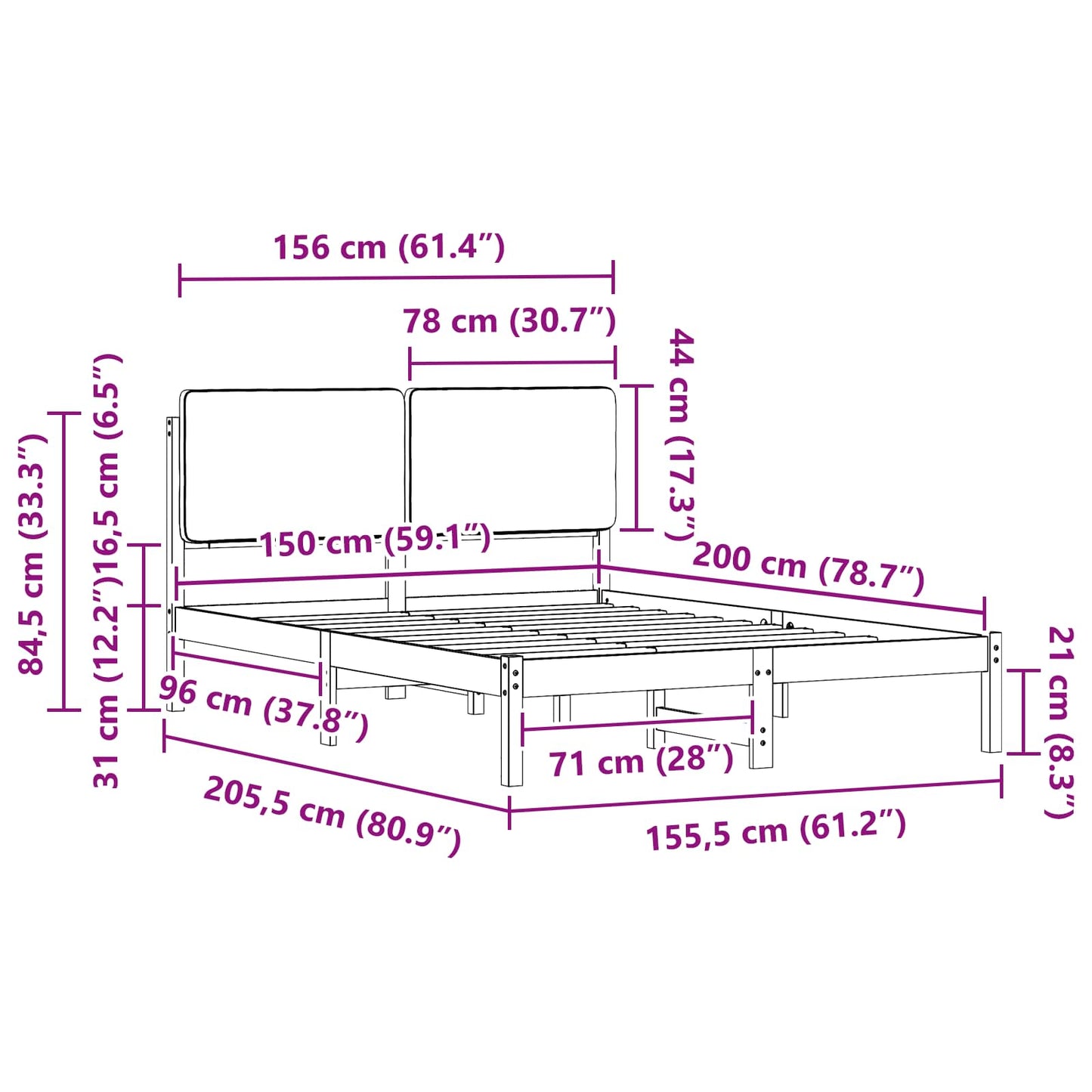 Bettgestell mit gepolstertem Kopfteil Schwarz 150 x 200 cm