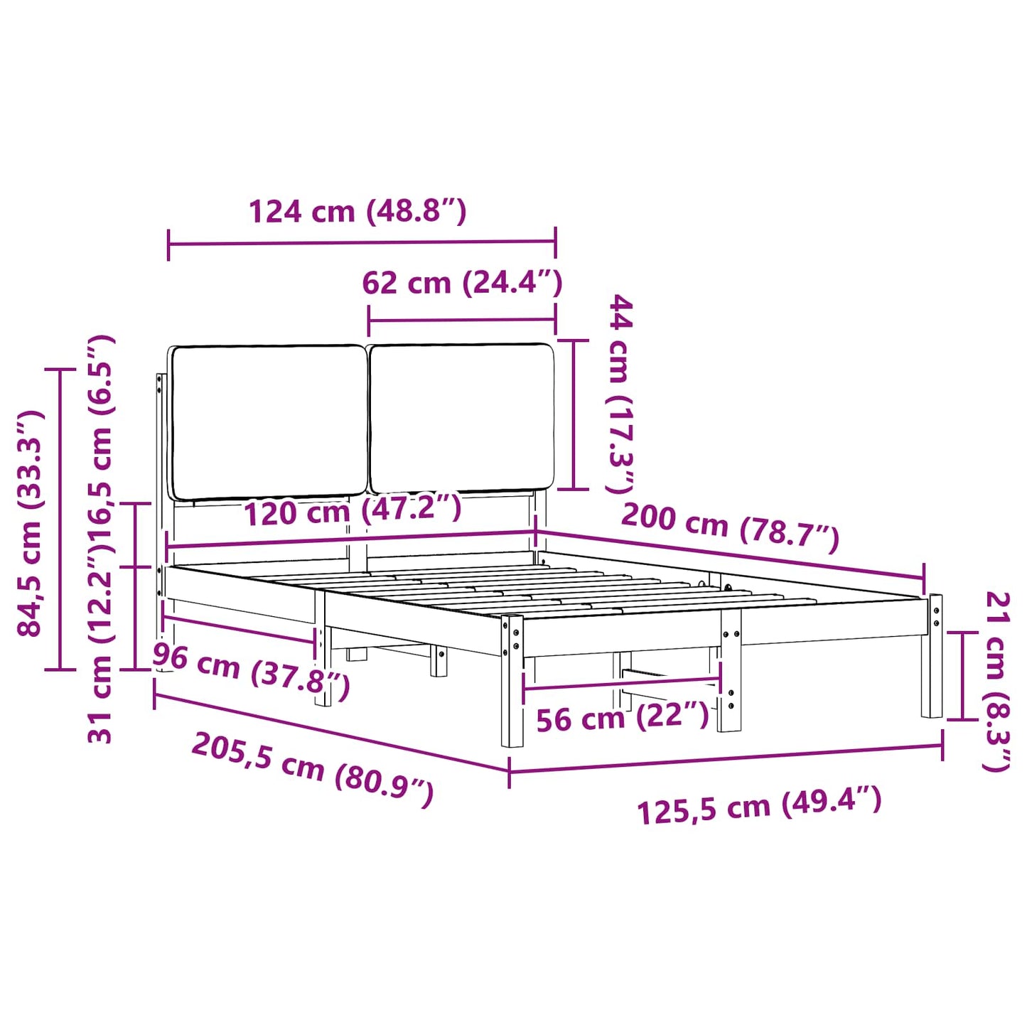 Bettgestell mit gepolstertem Kopfteil Schwarz 120 x 200 cm