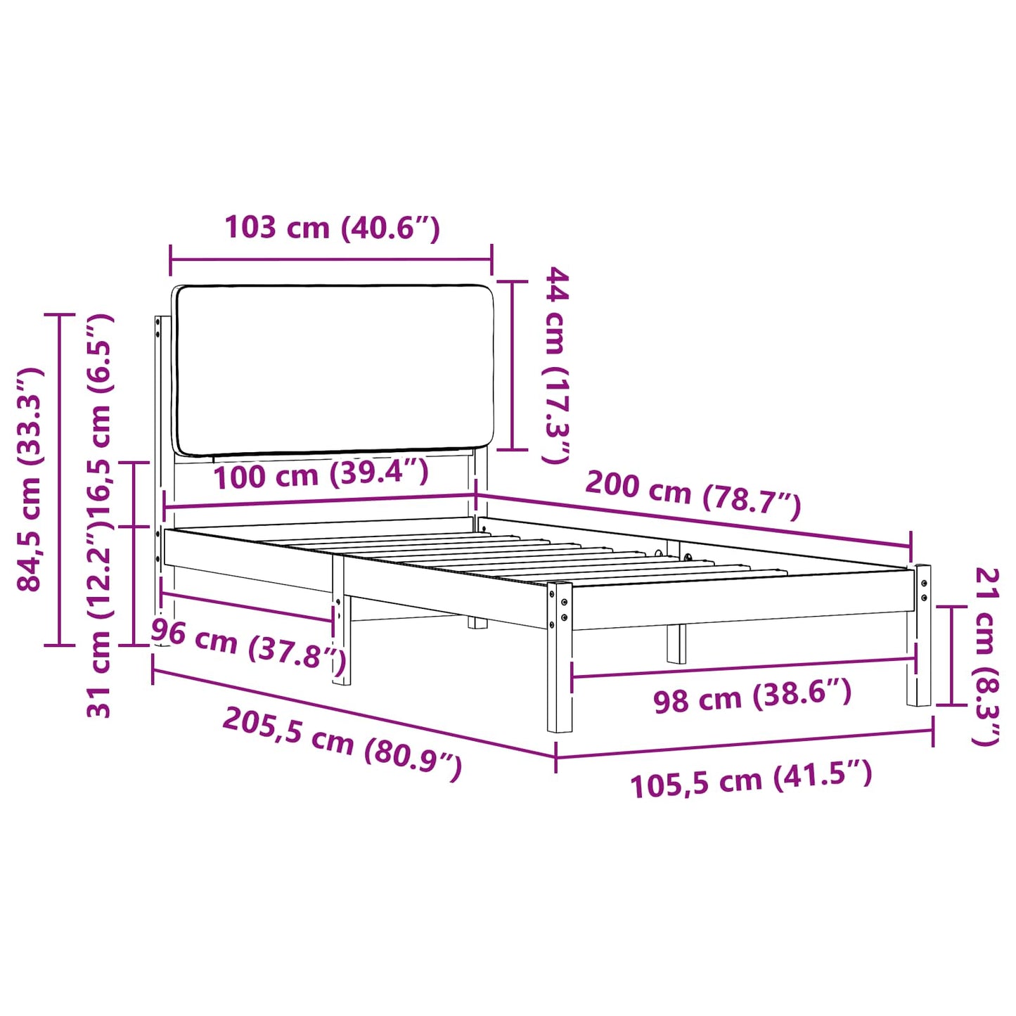 Bettgestell mit gepolstertem Kopfteil Hellgrau 100 x 200 cm