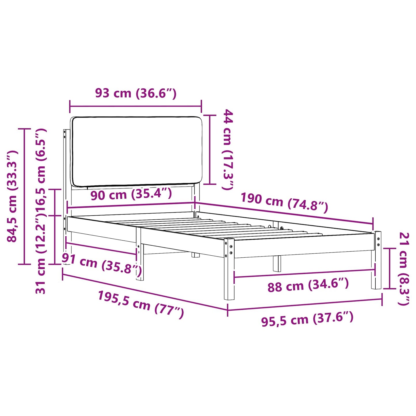 Bettgestell mit gepolstertem Kopfteil Hellgrau 90 x 190 cm