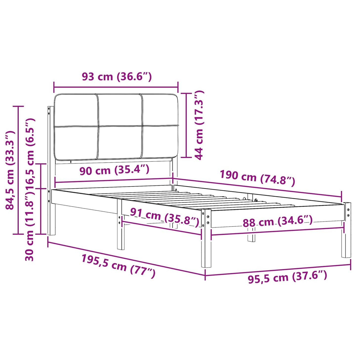 Bettgestell mit gepolstertem Kopfteil Dunkelgrau 90 x 190 cm