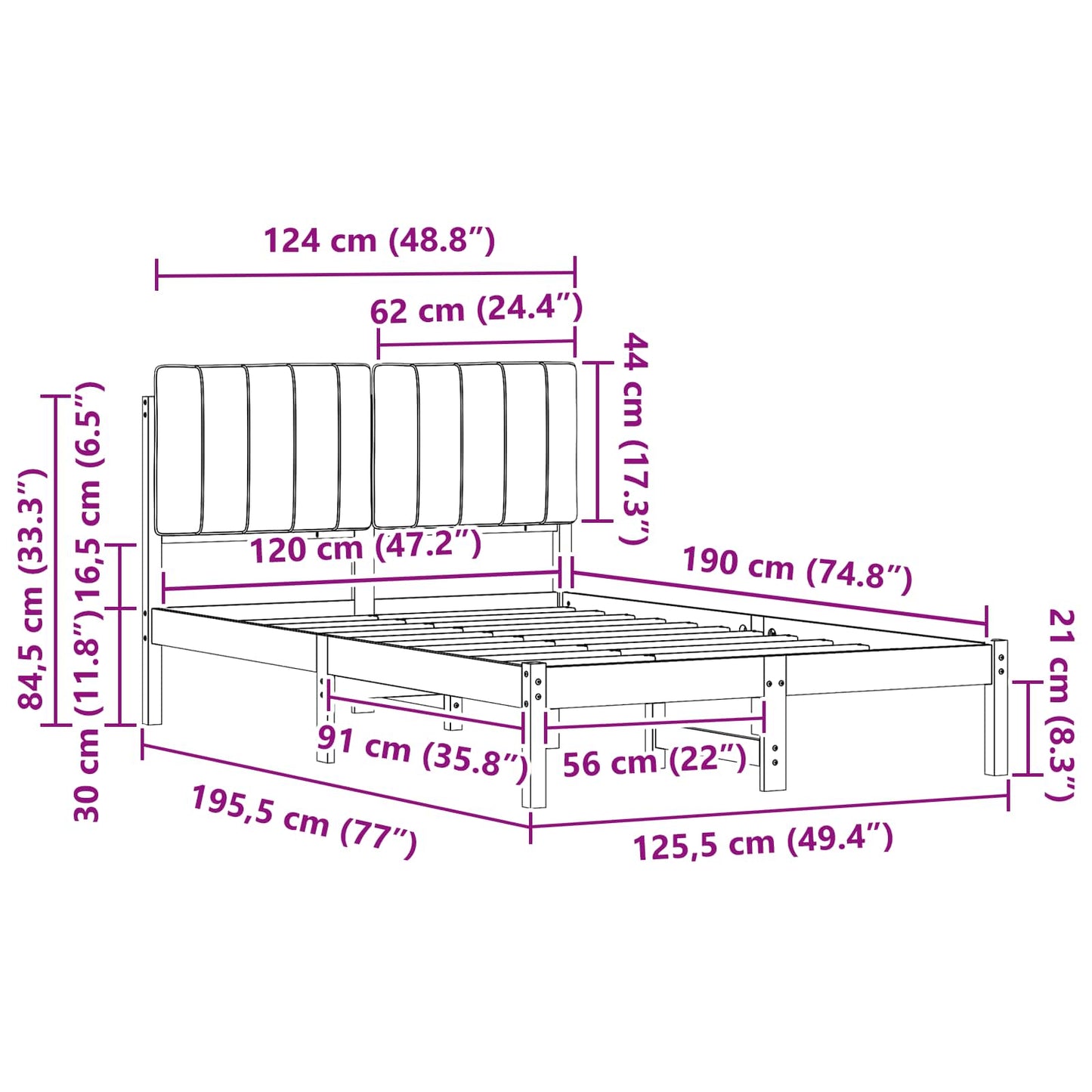 Bettgestell mit gepolstertem Kopfteil Schwarz 120 x 190 cm