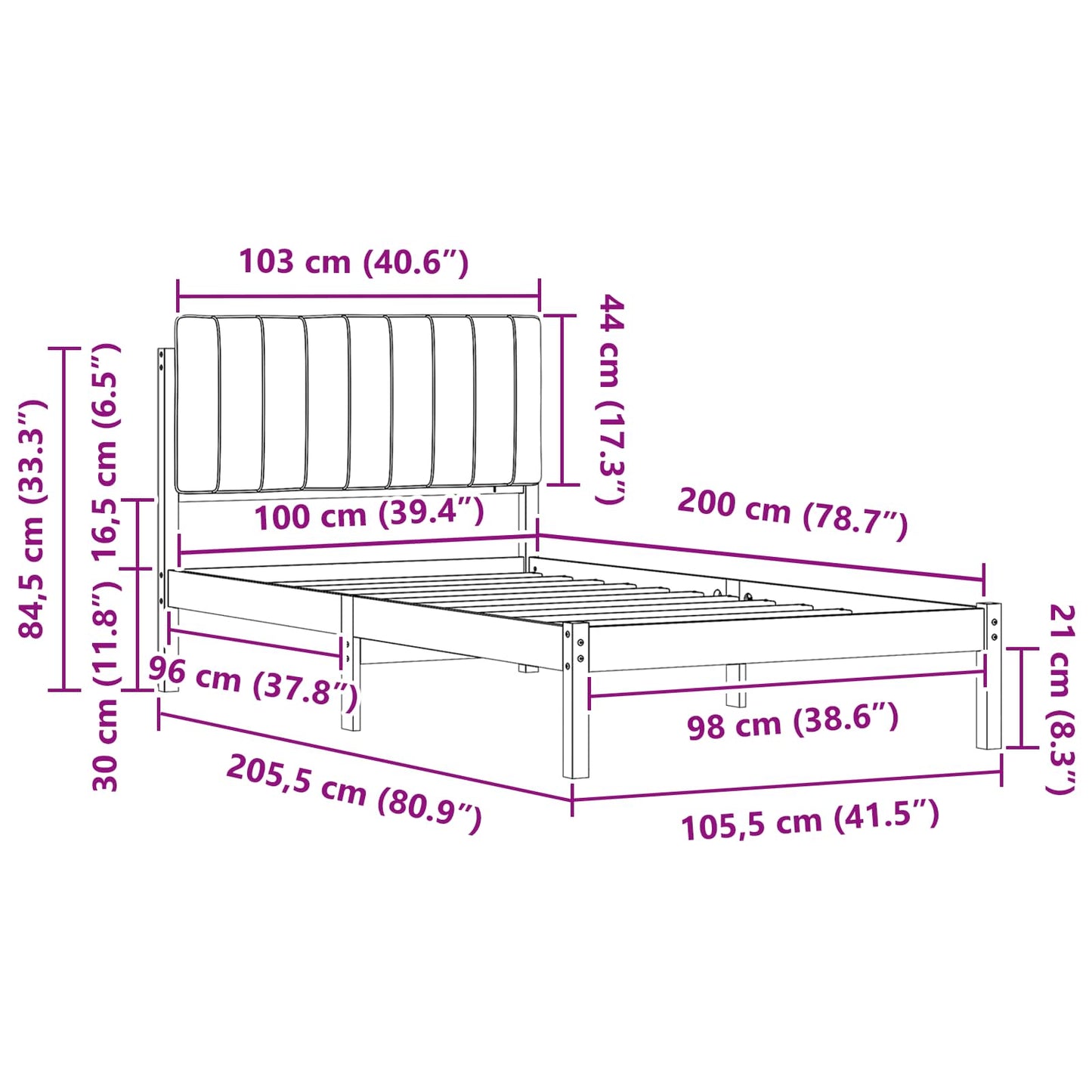Bettgestell mit gepolstertem Kopfteil Schwarz 100 x 200 cm