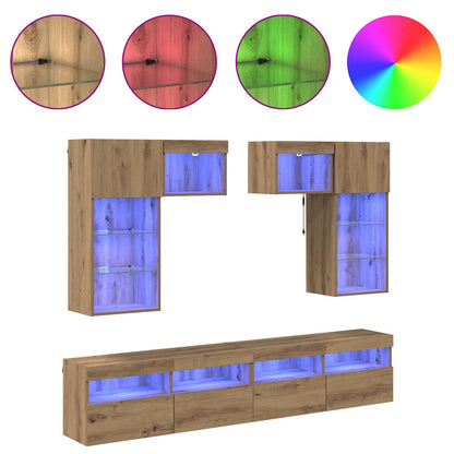 TV-Wandgeräte mit LED-Lichtleisten 6 pcs Altholz Holzwerkstoff