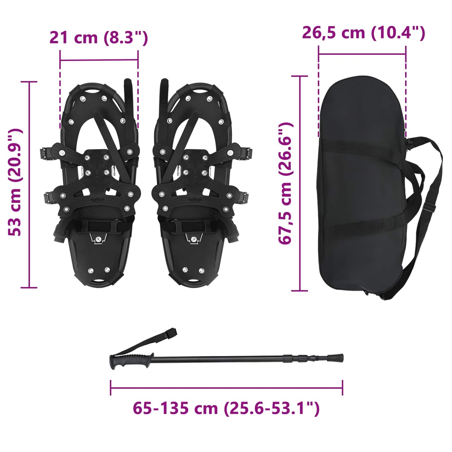 3 in 1 Schneeschuhe mit Wanderstöcken Schwarz 21 Zoll