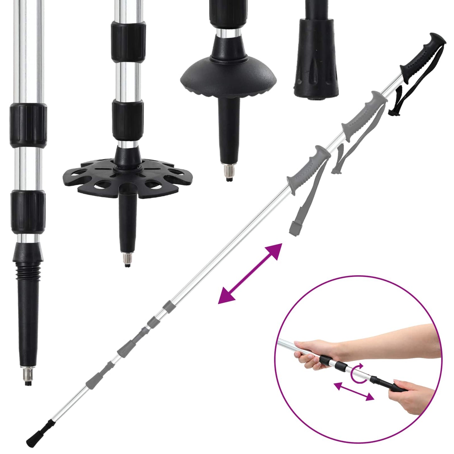 3 in 1 Schneeschuhe mit Wanderstöcken Silber und Schwarz