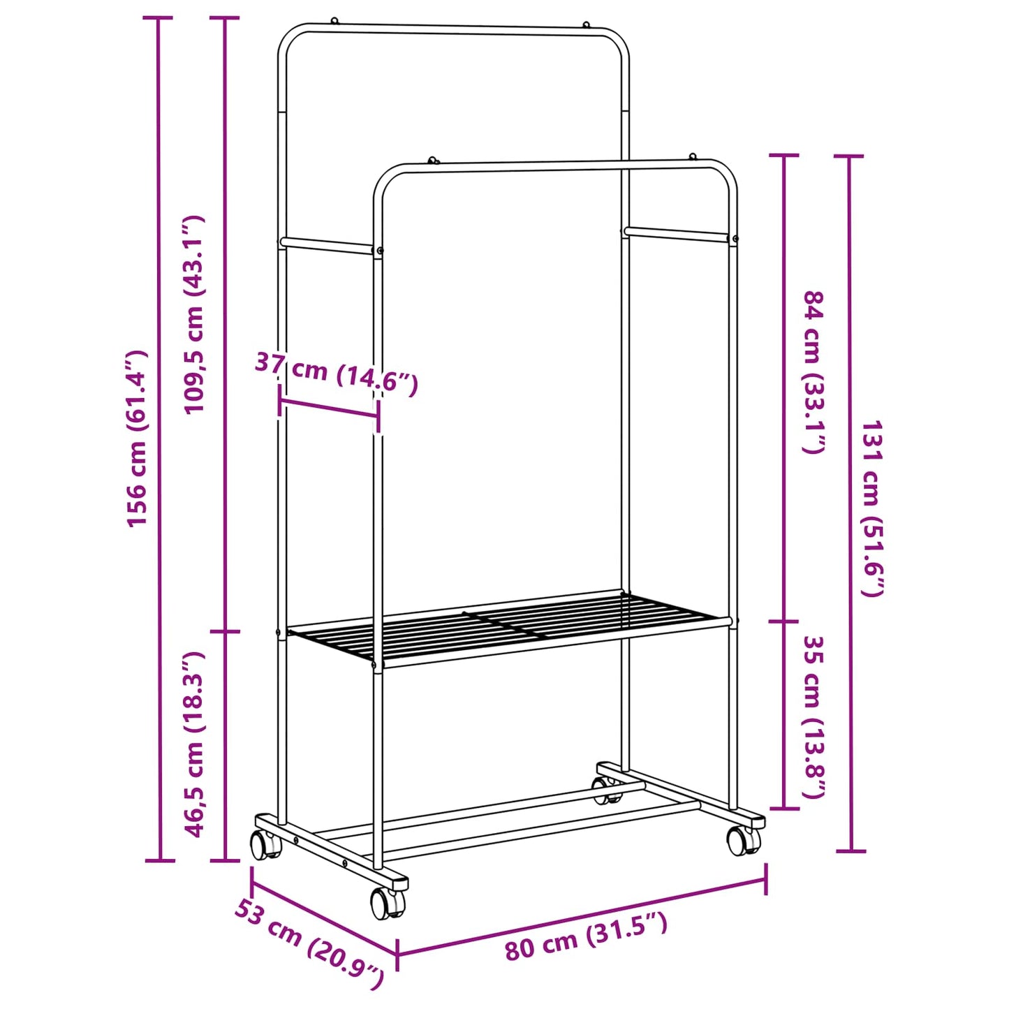 Kleiderständer mit Regal Mit Rad Schwarz 80 x 53 x 156 cm