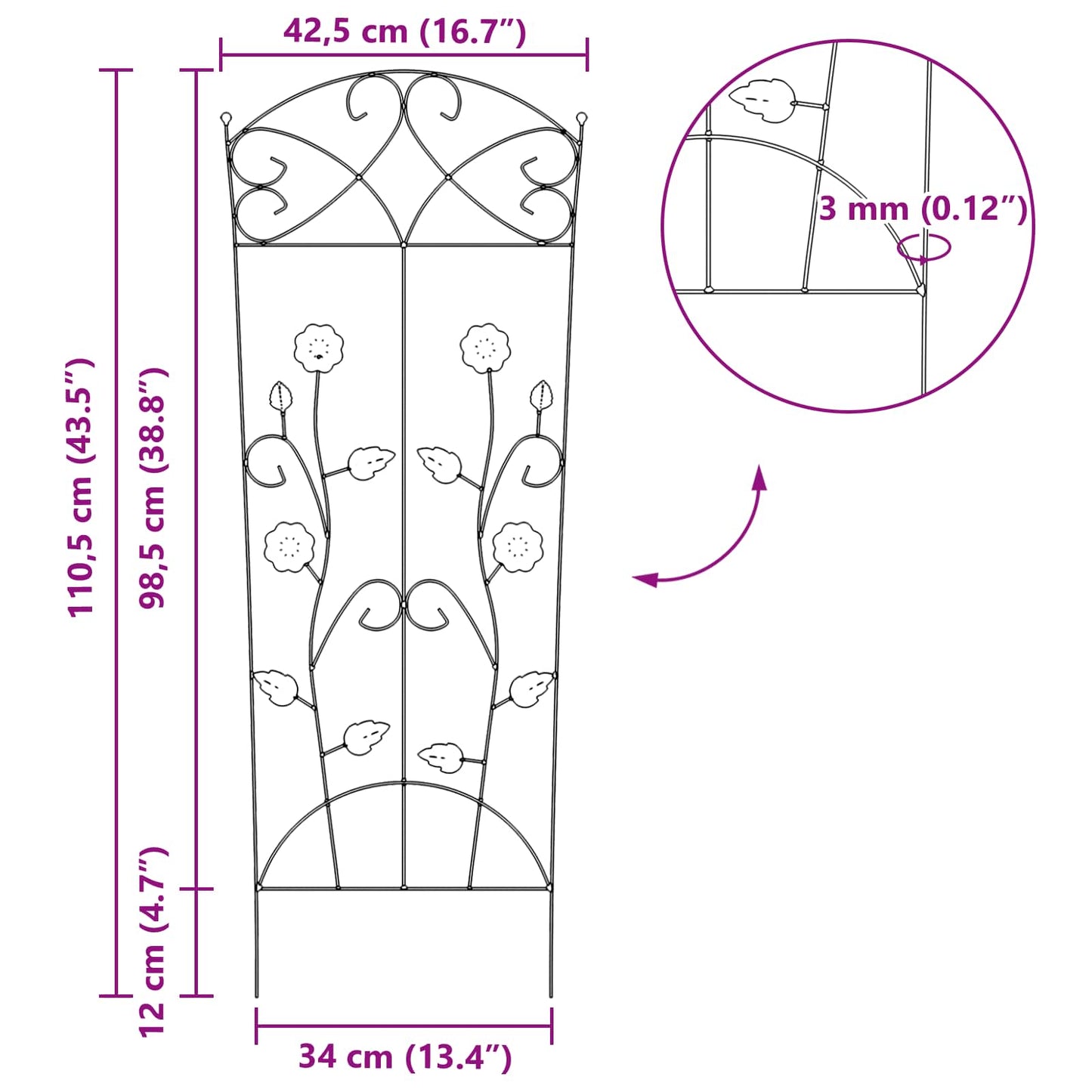 Gartenzaun 3 pcs Schwarz 110,5 x 42,5 cm Stahl
