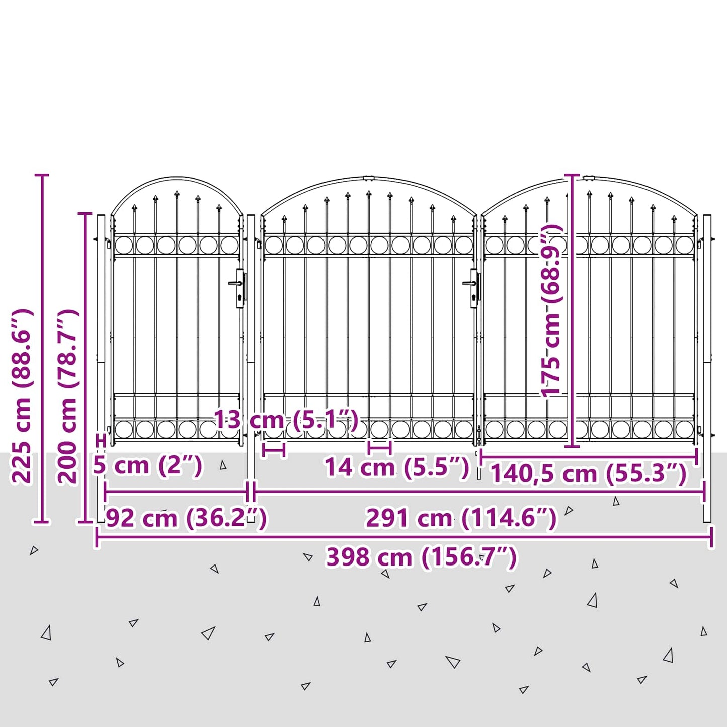 Gartentor mit gewölbtem Oberteil Grau 400 x 125 cm Stahl