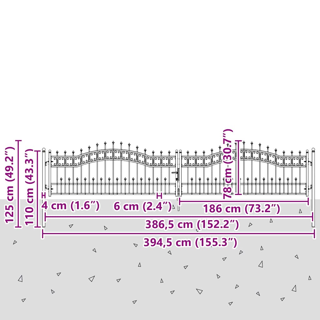 Zauntor mit Speer-Top mit Schloss Grau 404 x 75 cm Stahl