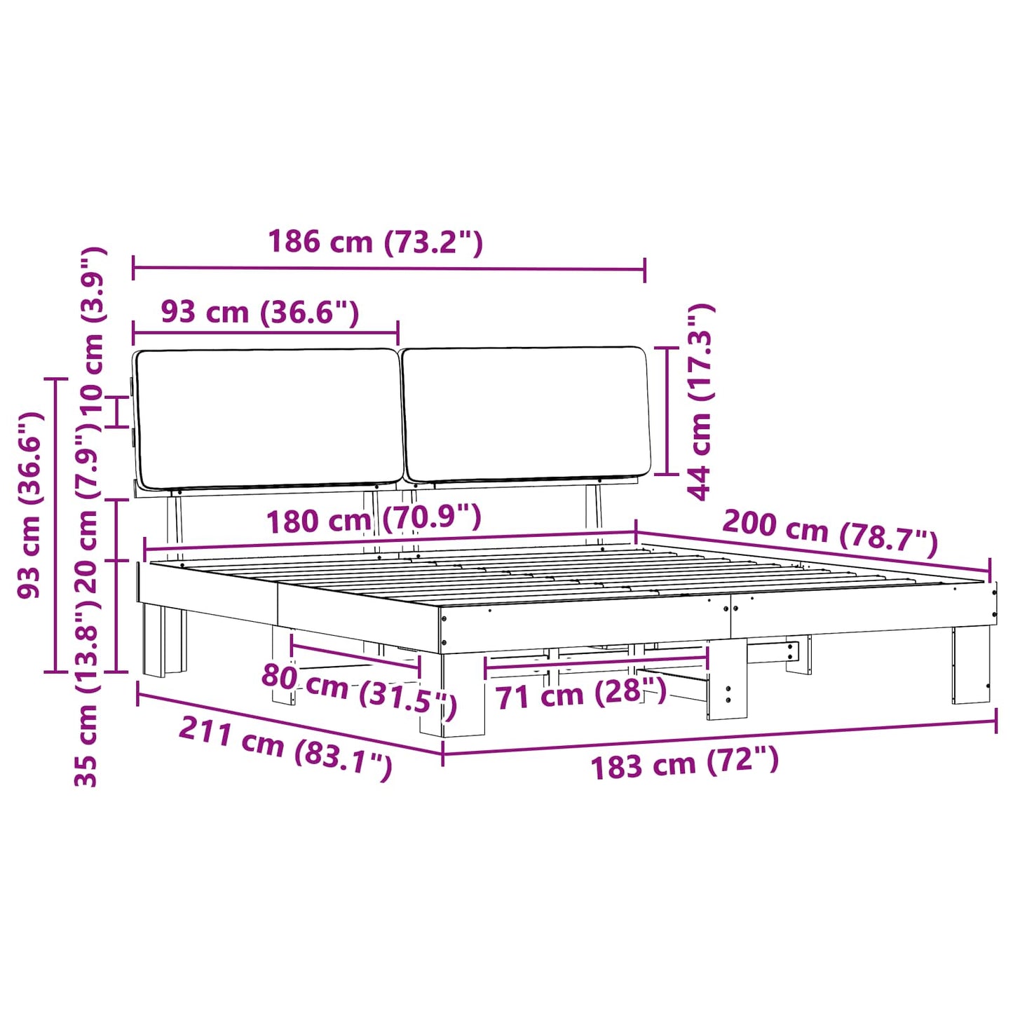 Bettgestell mit gepolstertem Kopfteil Schwarz 180 x 200 cm