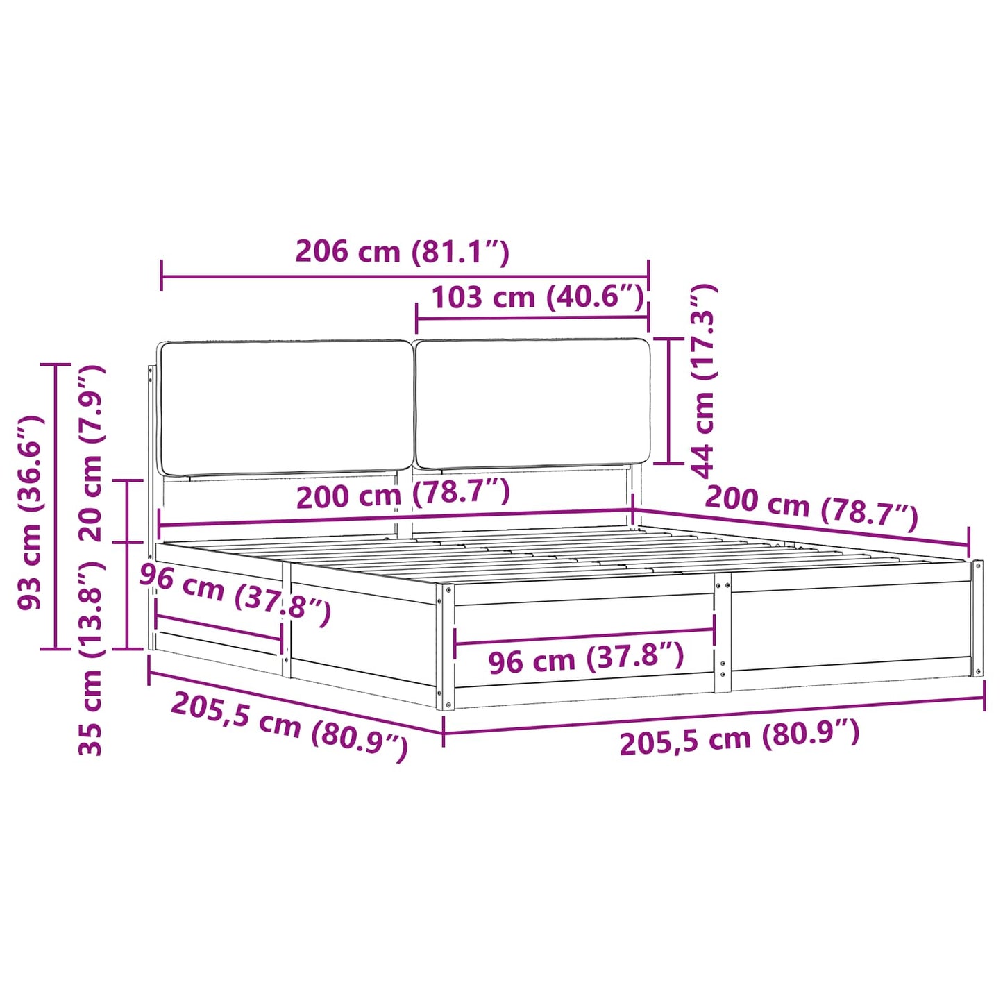 Bettgestell mit gepolstertem Kopfteil Schwarz 200 x 200 cm