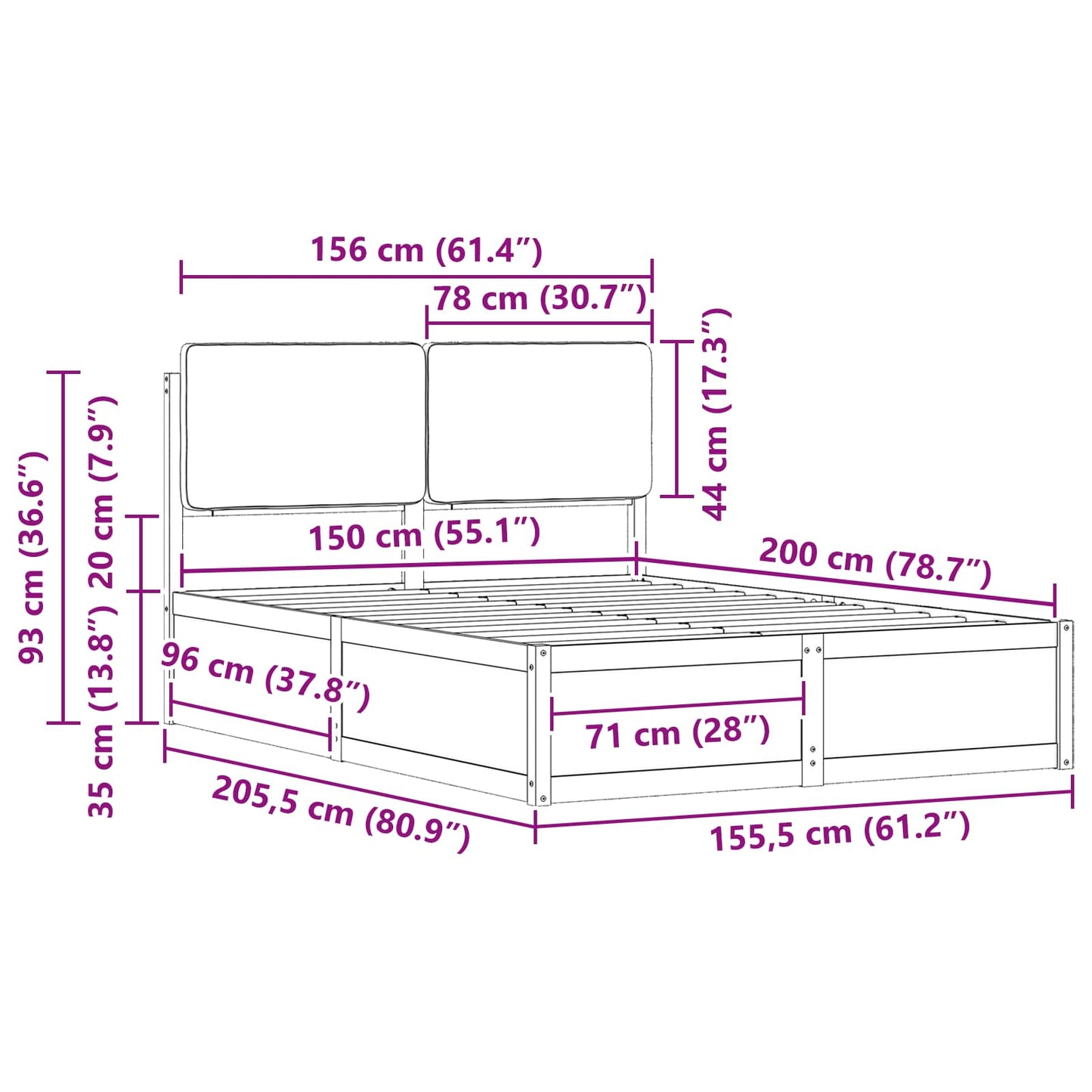 Bettgestell mit gepolstertem Kopfteil Schwarz 150 x 200 cm