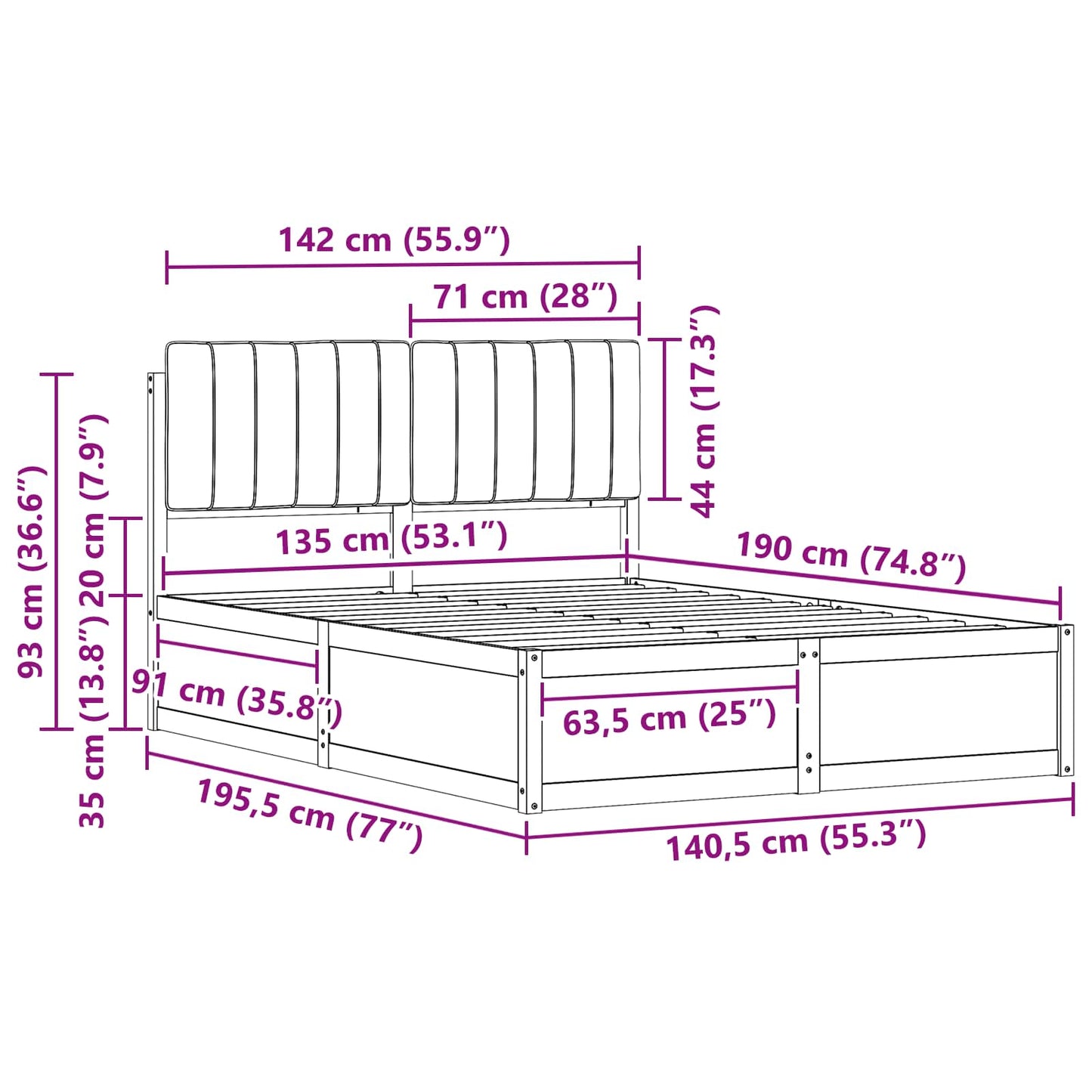 Bettgestell mit gepolstertem Kopfteil Hellgrau 135 x 190 cm