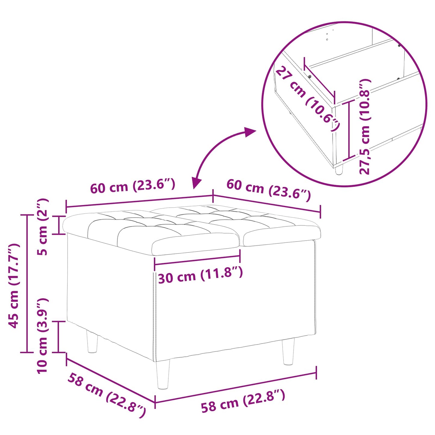Aufbewahrungsottomane mit Kissen Blau 60 x 60 x 45 cm Samt