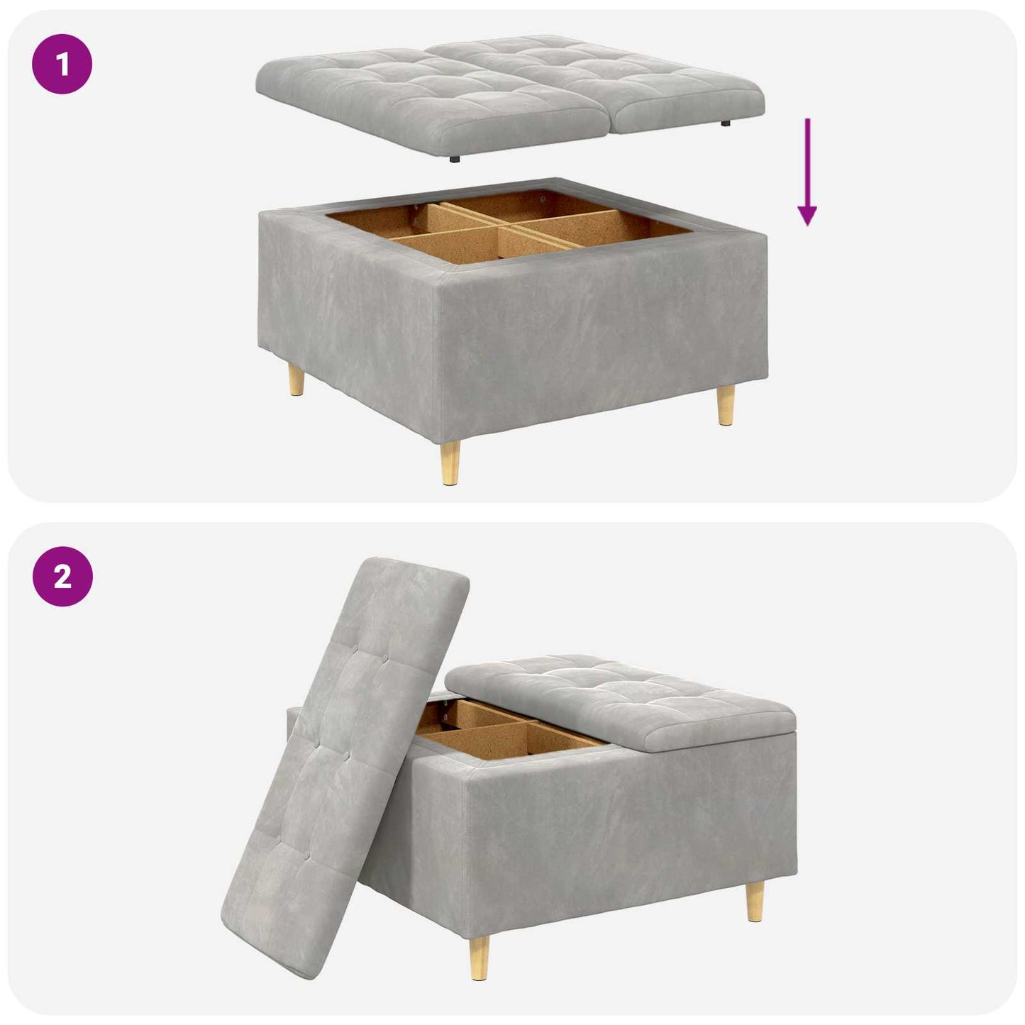 Aufbewahrungsottomane mit Kissen Hellgrau 80 x 80 x 45 cm Samt