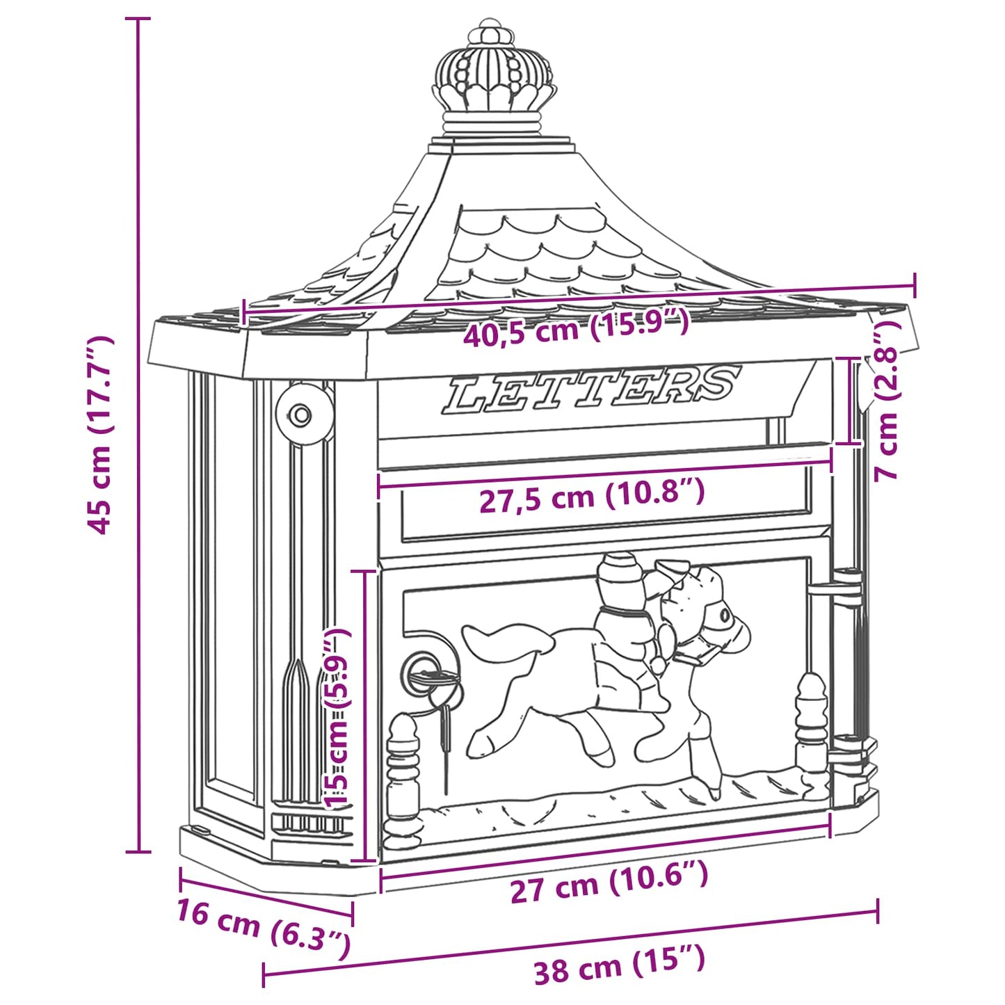 Wandmontierter Briefkasten mit Tür Bronze 40,5 x 16 x 45 cm