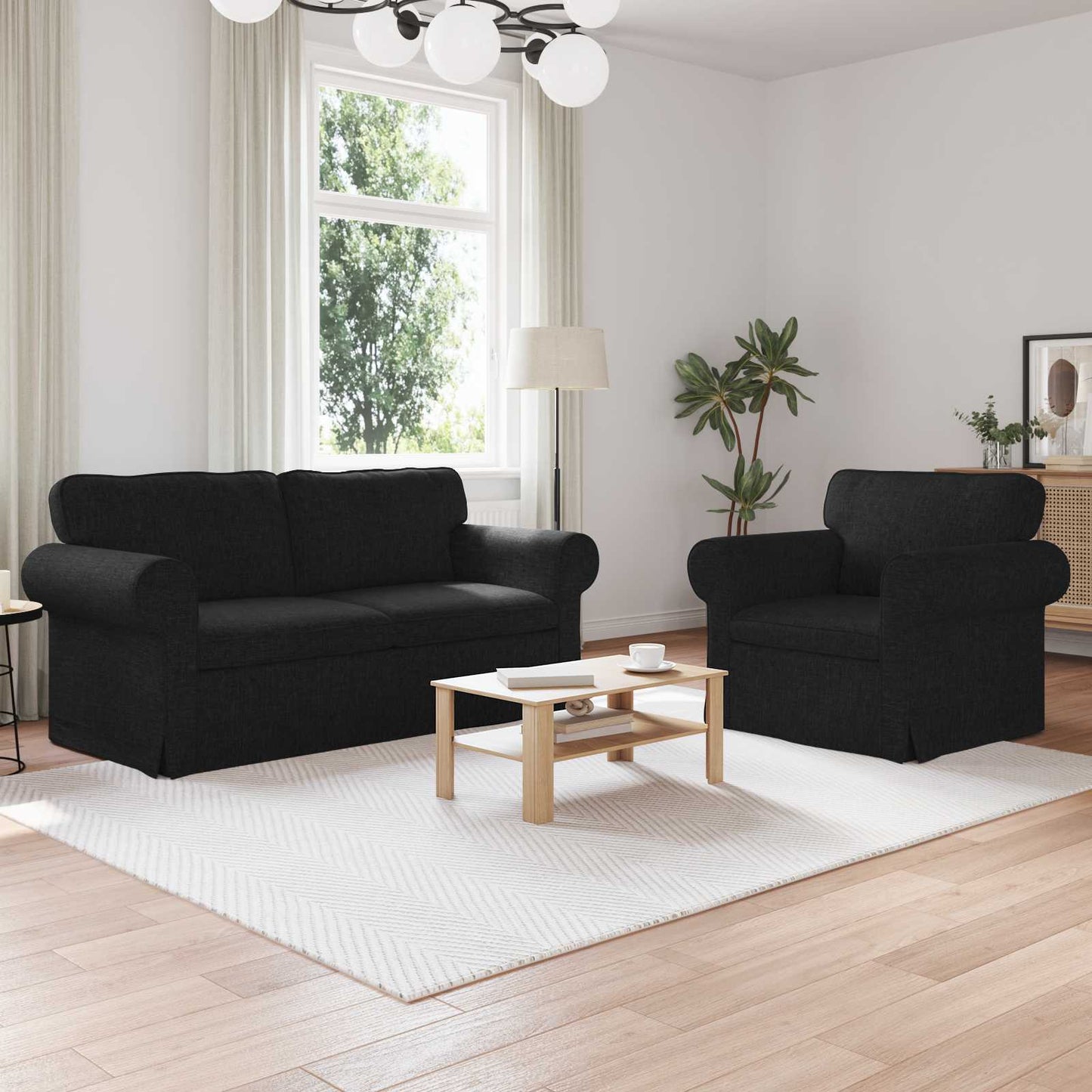 Sofa Set 2 pcs Schwarz 175 x 82 x 80 cm Stoff