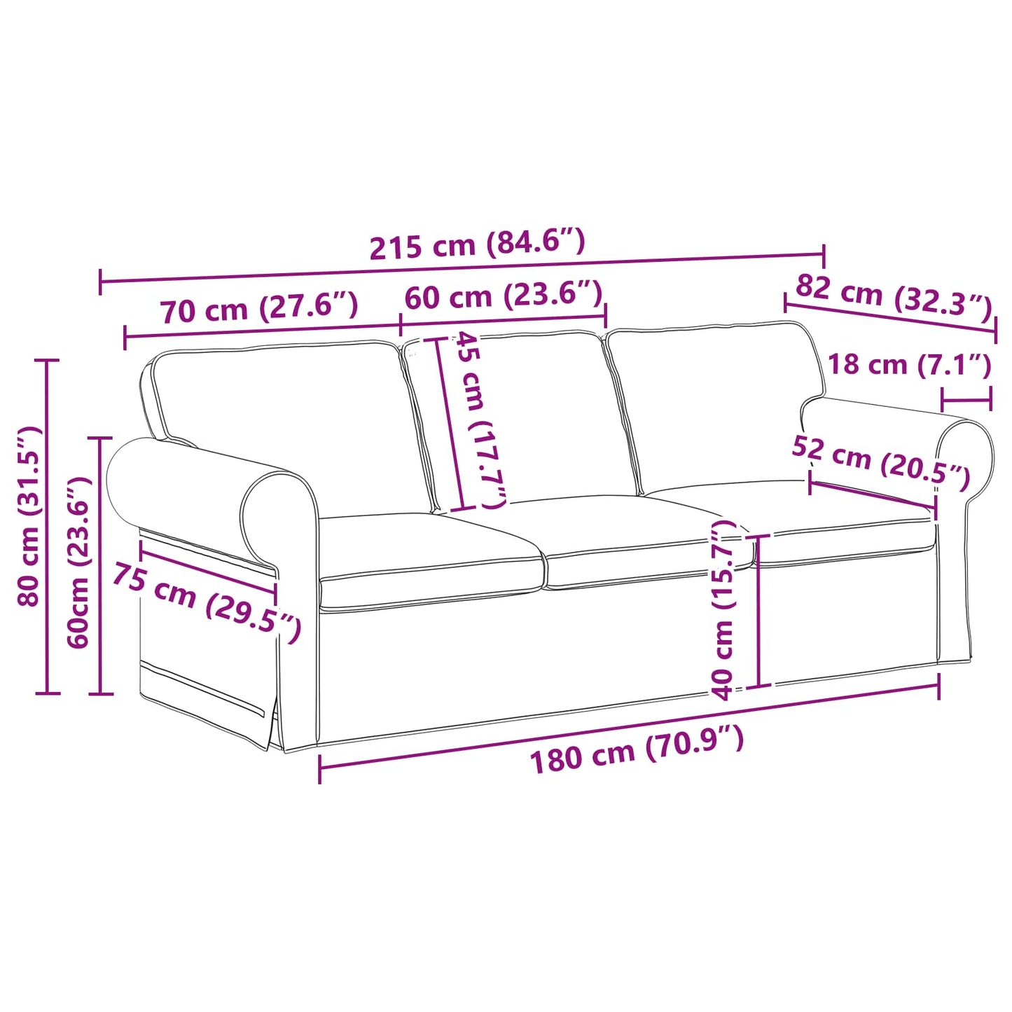 Sofa Dunkelgrau 215 x 82 x 80 cm Stoff